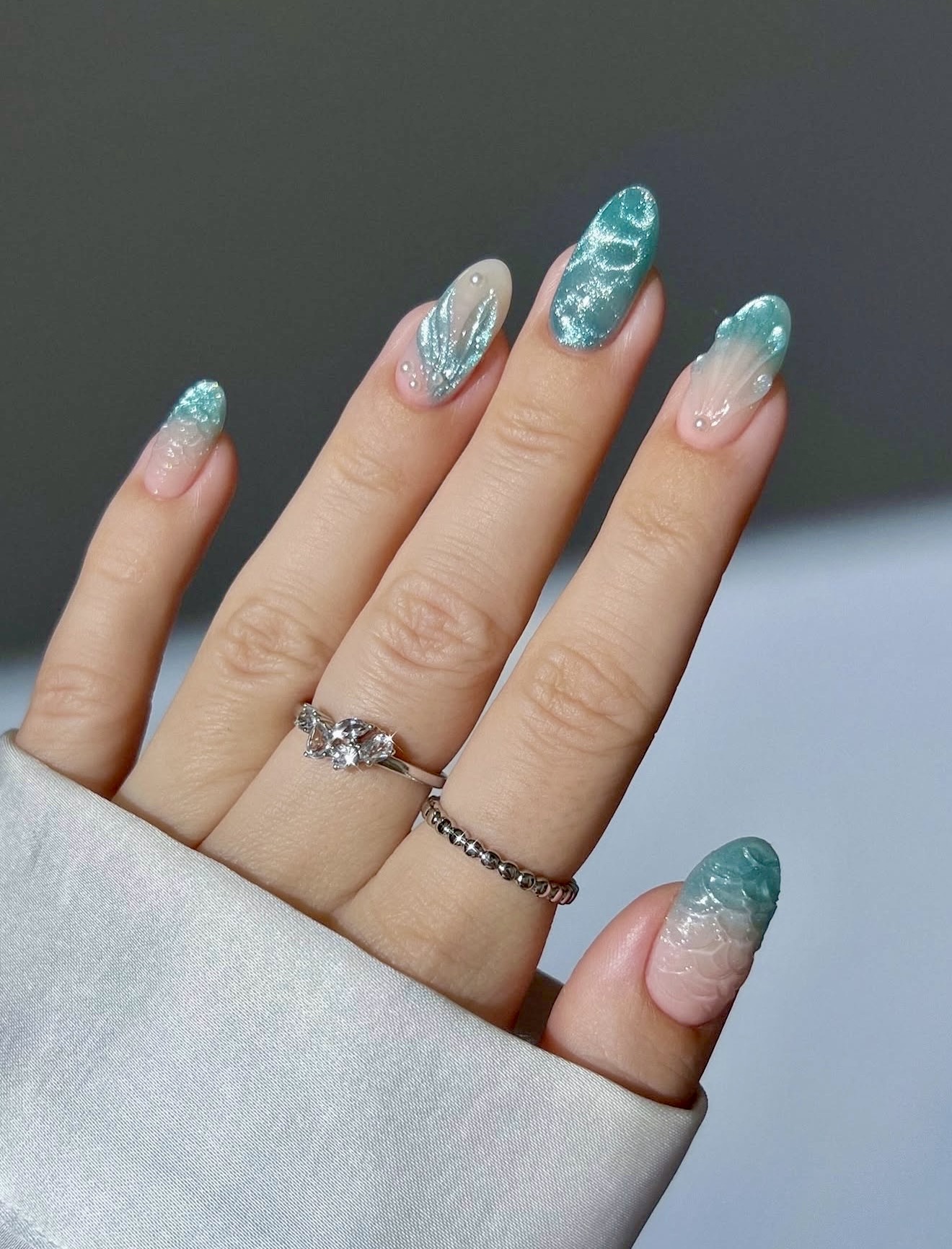 Ocean Wave Cat Eye Ombre Almond Nails