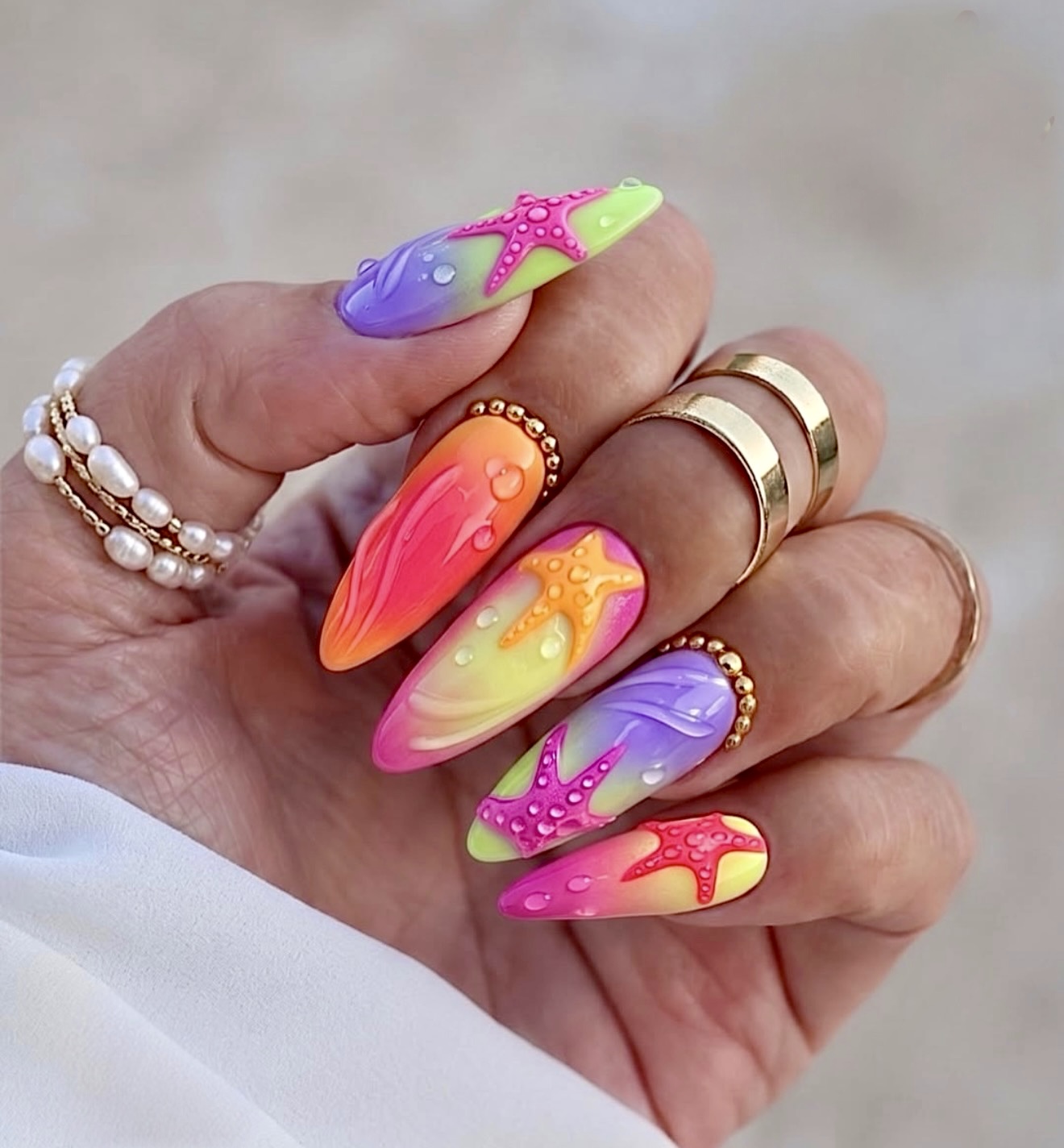 Oceanic Gradient Stiletto Nails with Starfish Accents