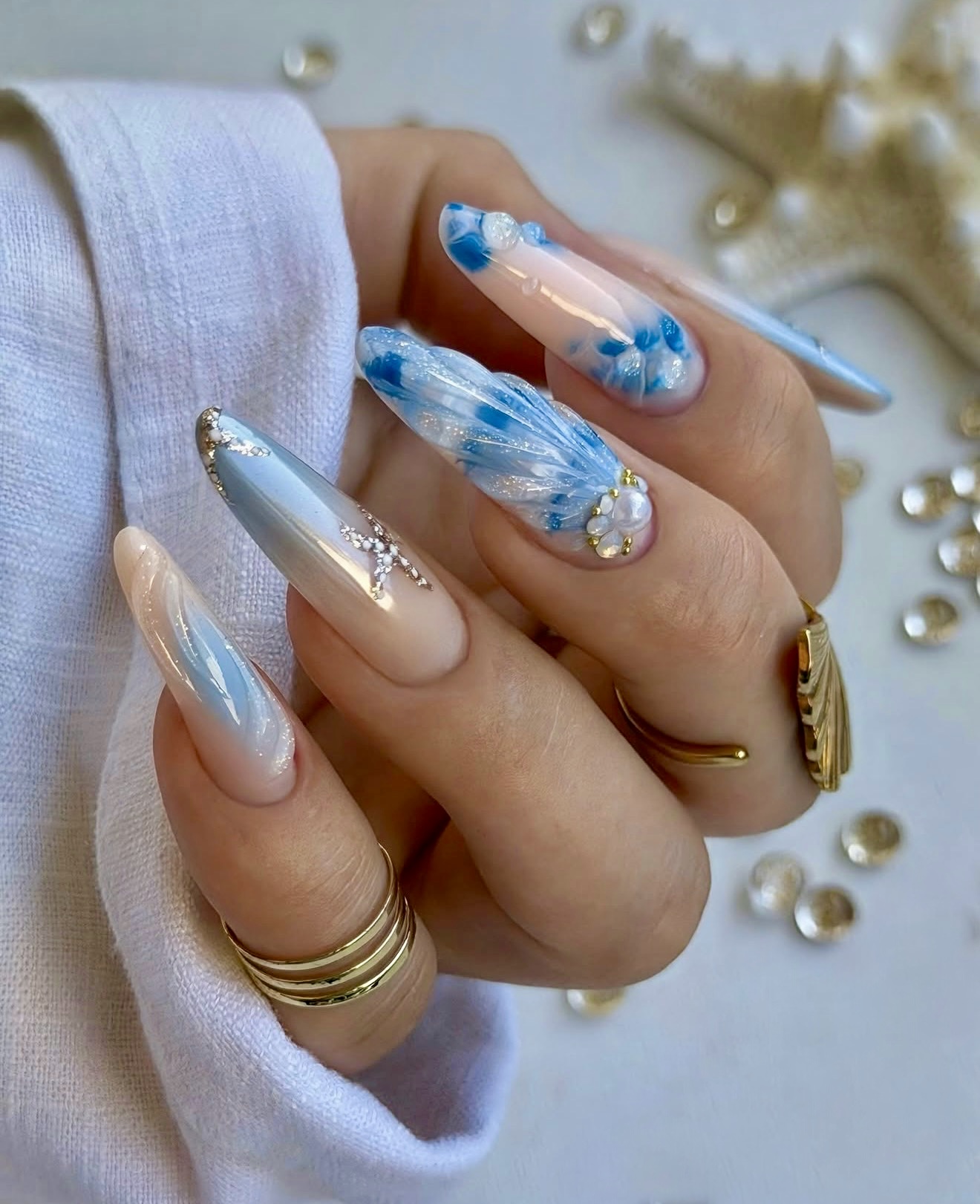 Oceanic Ombre Almond Drip Nails with 3D Shell Art