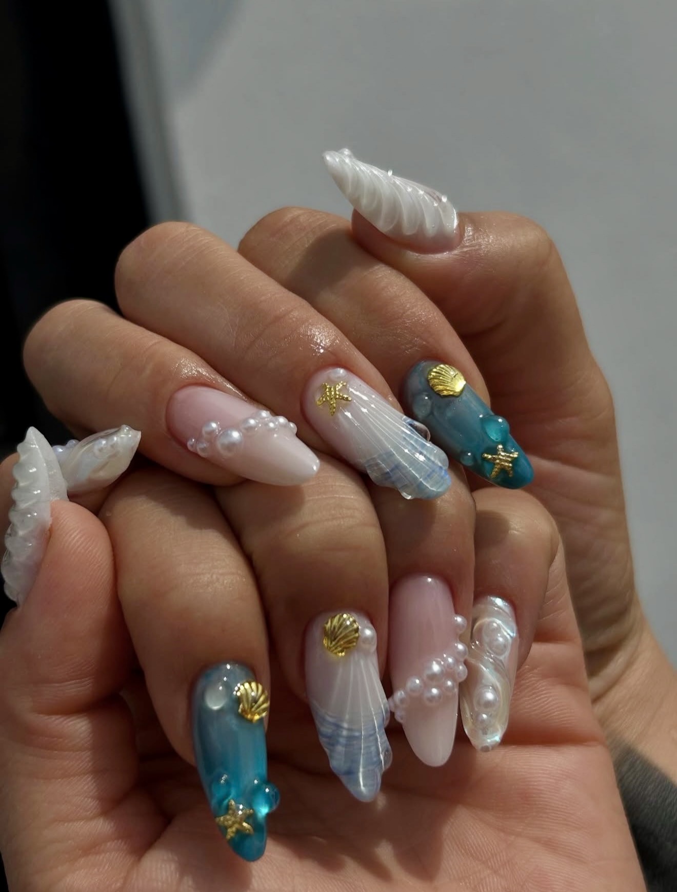 Oceanic Pearl and Shell 3D Nail Art