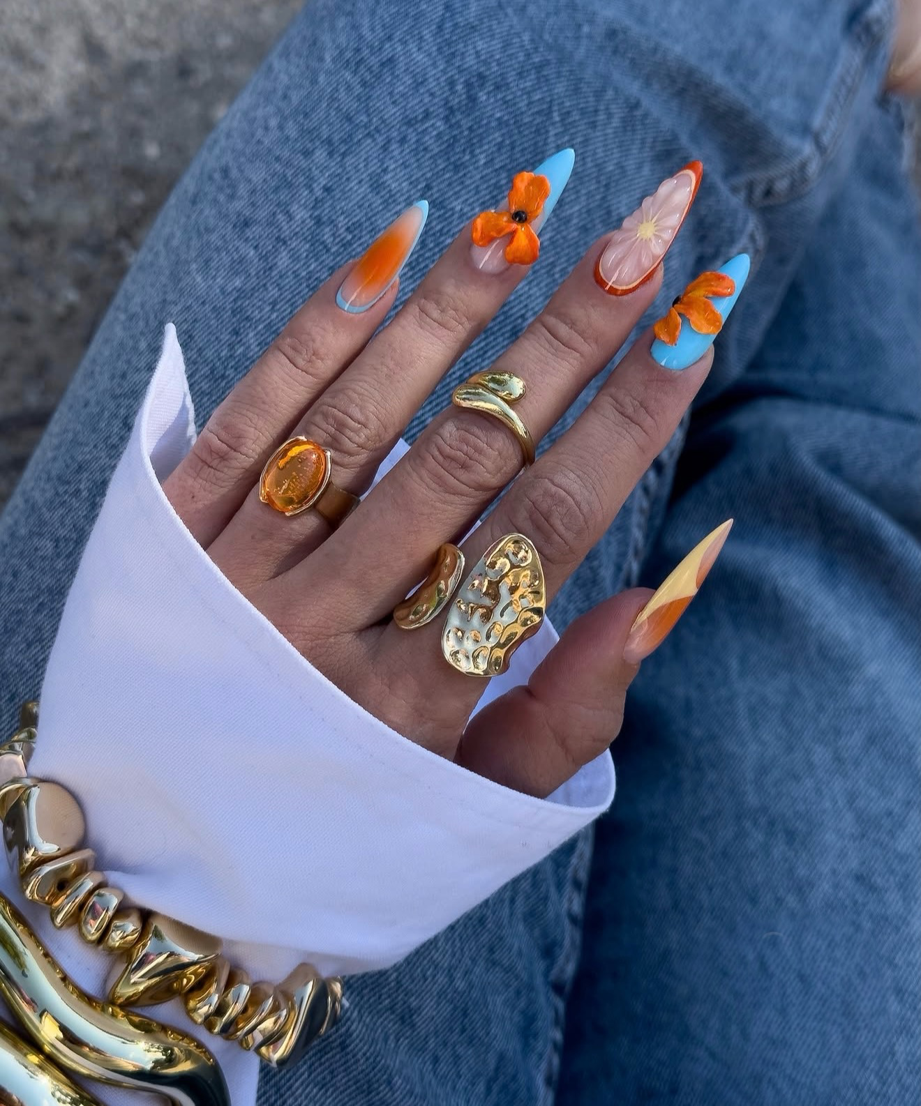 Orange Floral French Tips With Blue Accents
