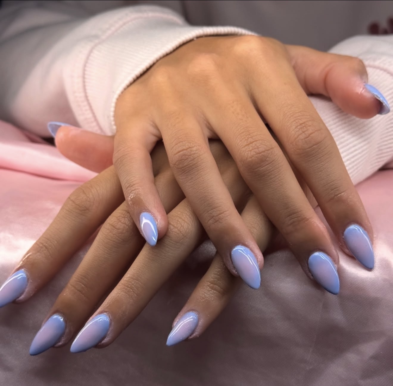 Pale Blue Pink Aura Almond Nails