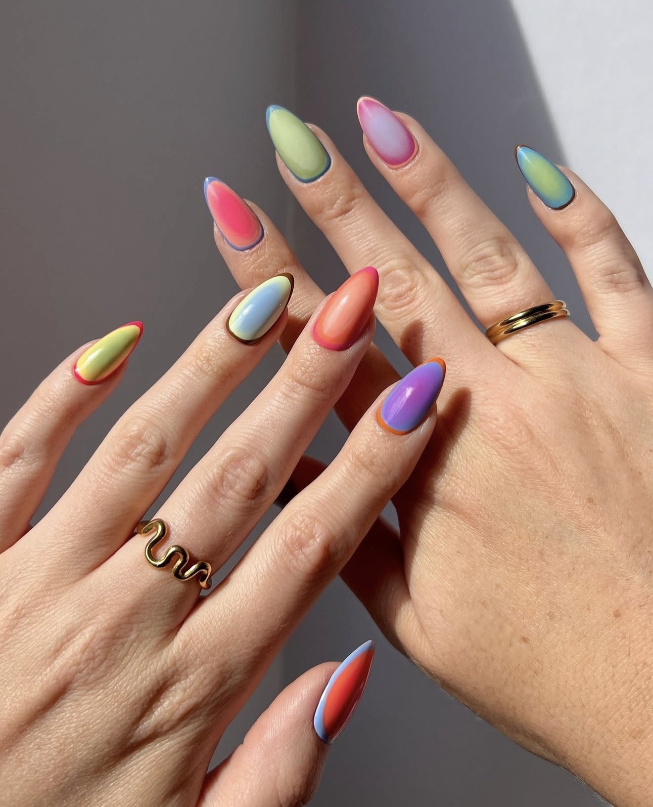 Pastel Aura Ombre Almond Nails with French Outline