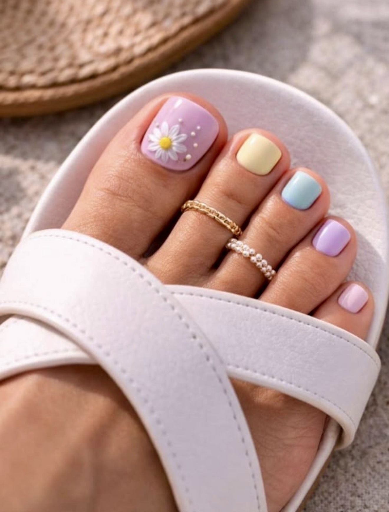 Pastel Daisy Pedicure with Chic Toe Rings