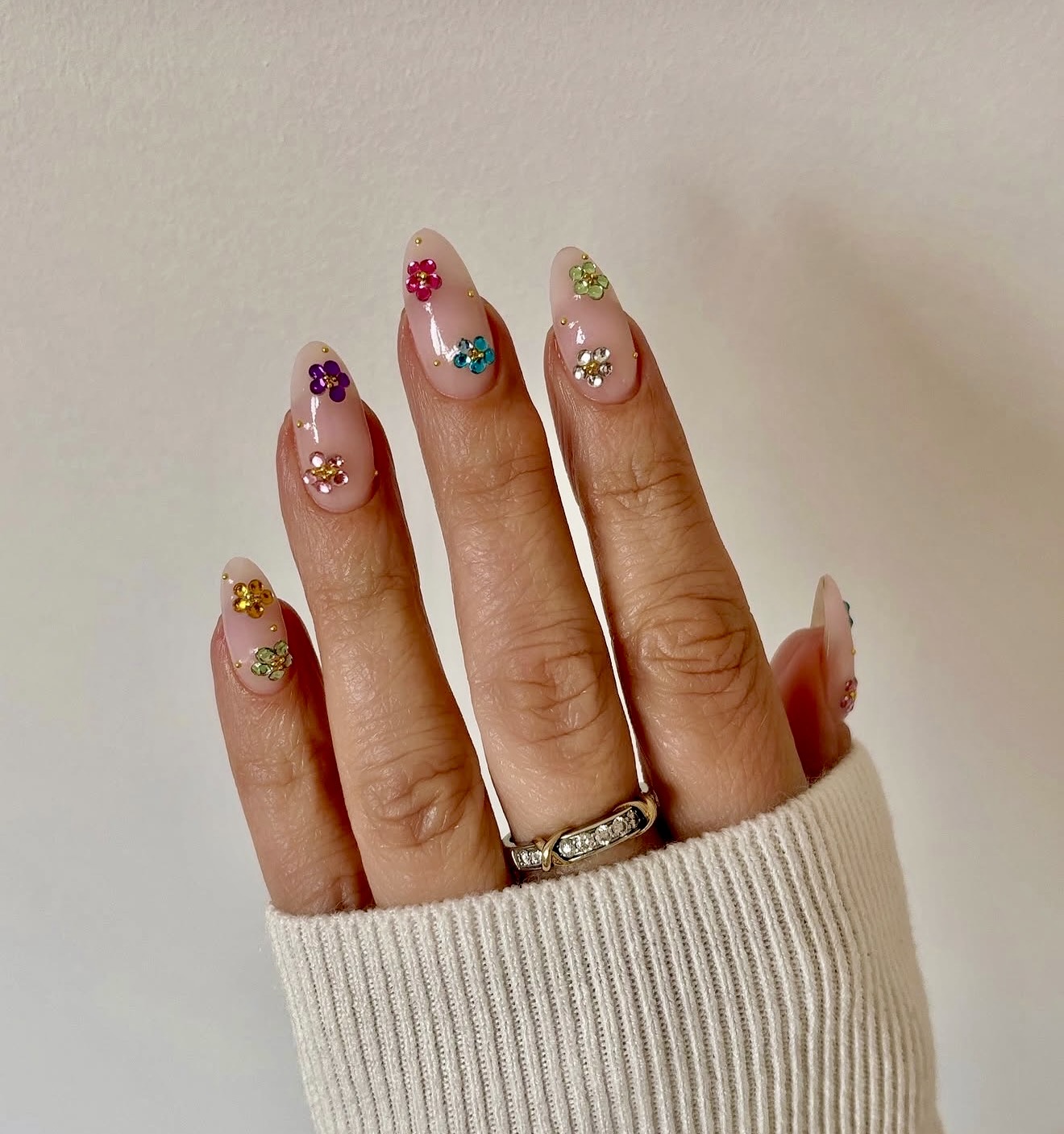 Pastel Floral 3D Charms on Milky Almond Nails
