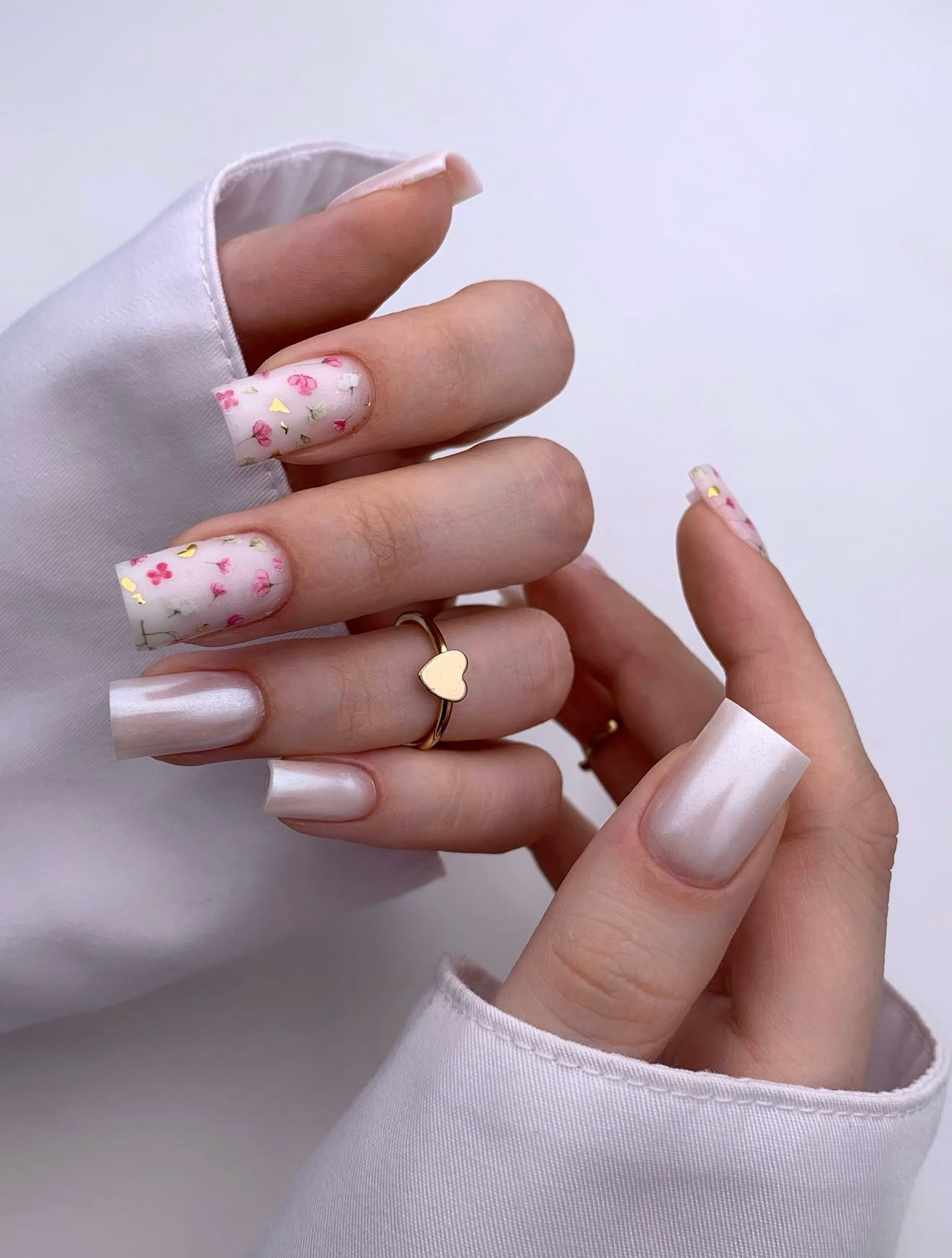 Pastel Floral Square Nails with Pearlescent Finish