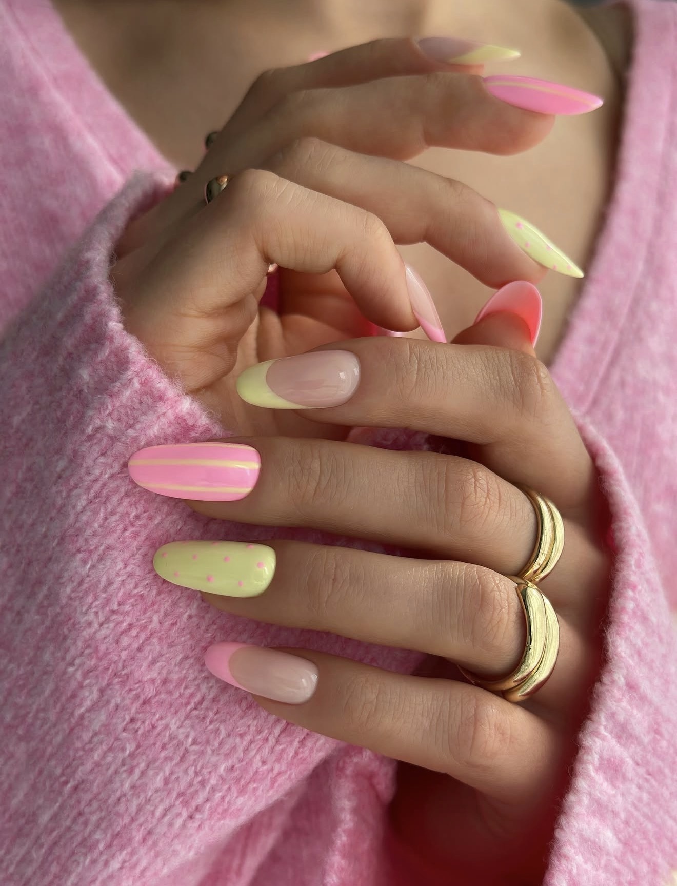 Pastel French Tip & Dot Swirl Almond Nails