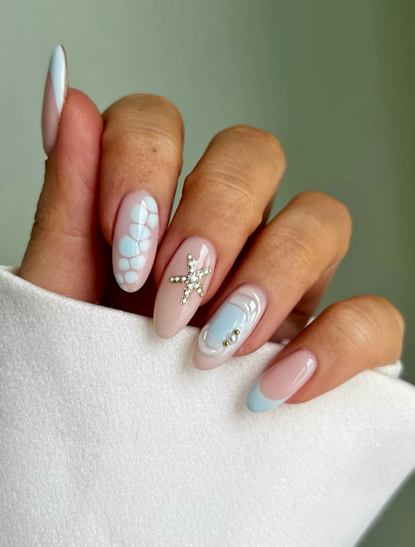 Pastel French Tips with Starfish Charm Accents