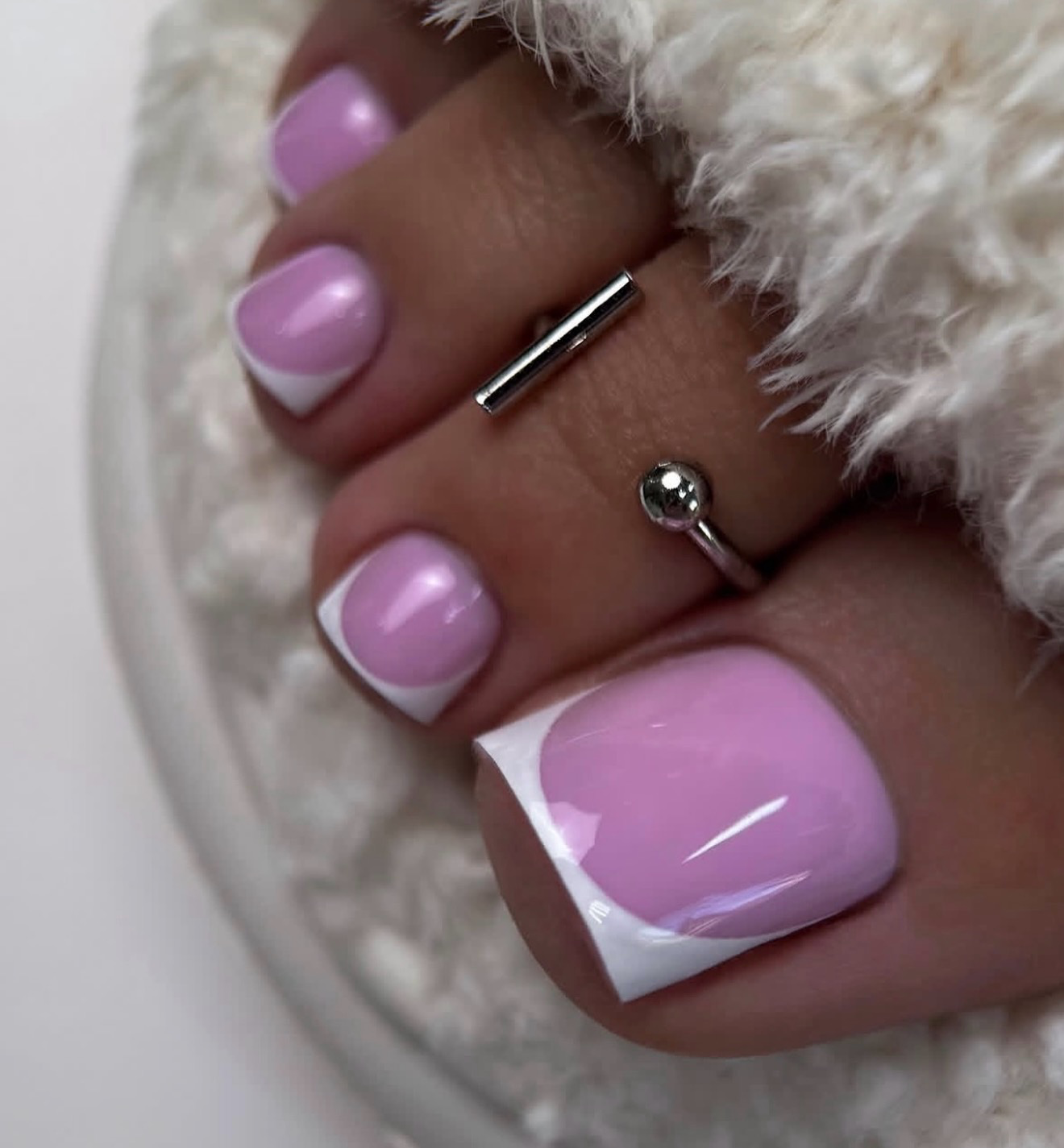 Pastel Pink French Tip Pedicure with Chrome Finish