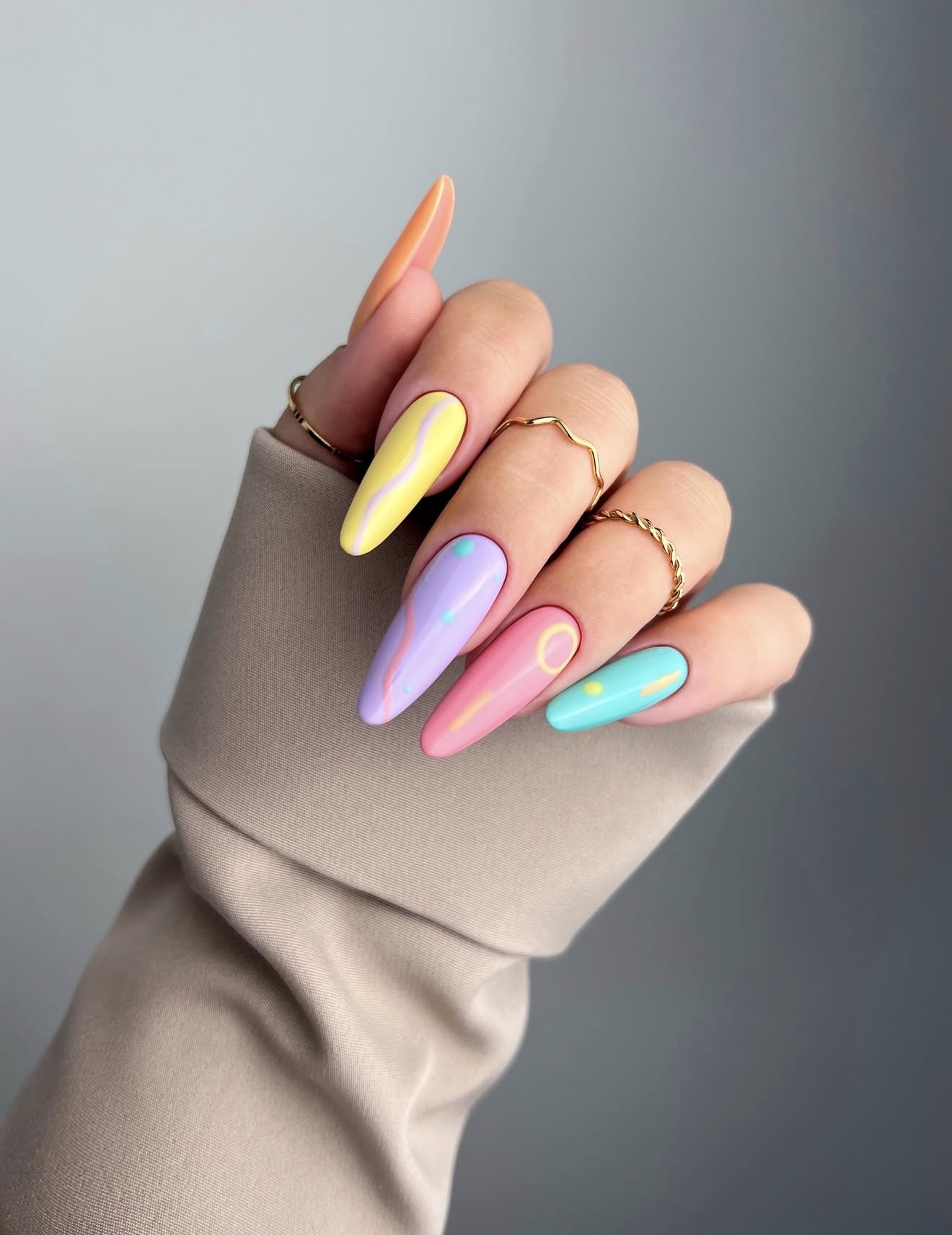 Pastel Swirls & Dots Mismatched Coffin Nails
