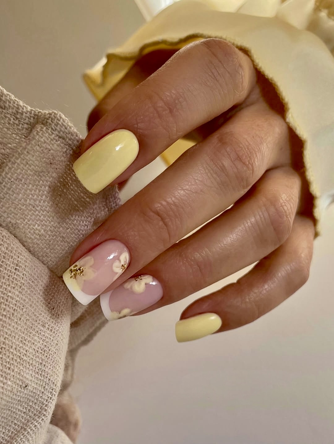 Pastel Yellow French Tip Floral Nails