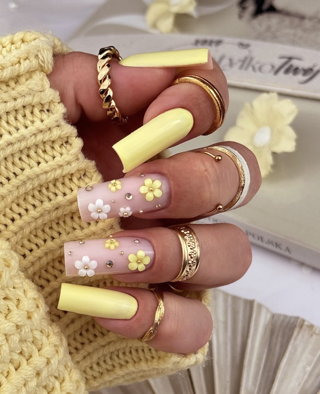Pastel Yellow Matte Coffin Nails with 3D Flowers