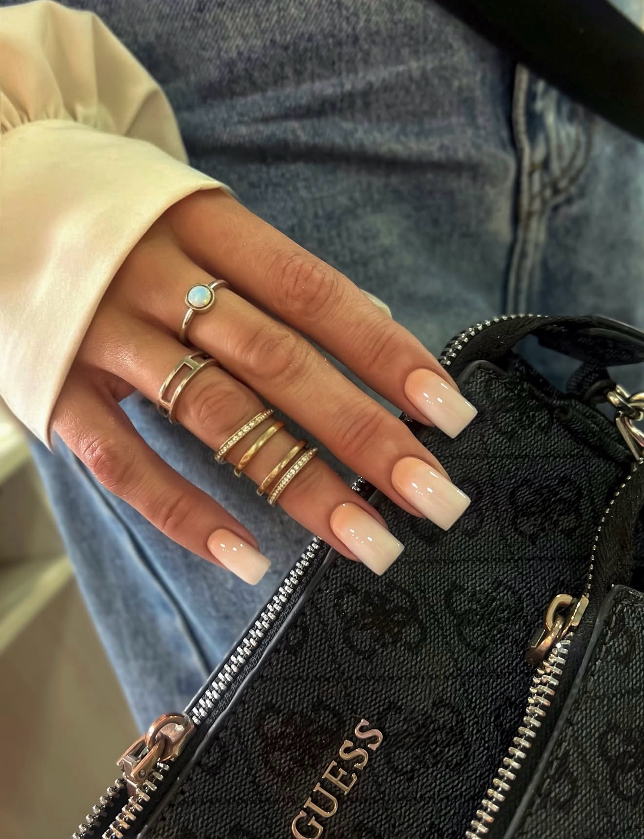 Peachy Cream Ombré Square French Tip Nails