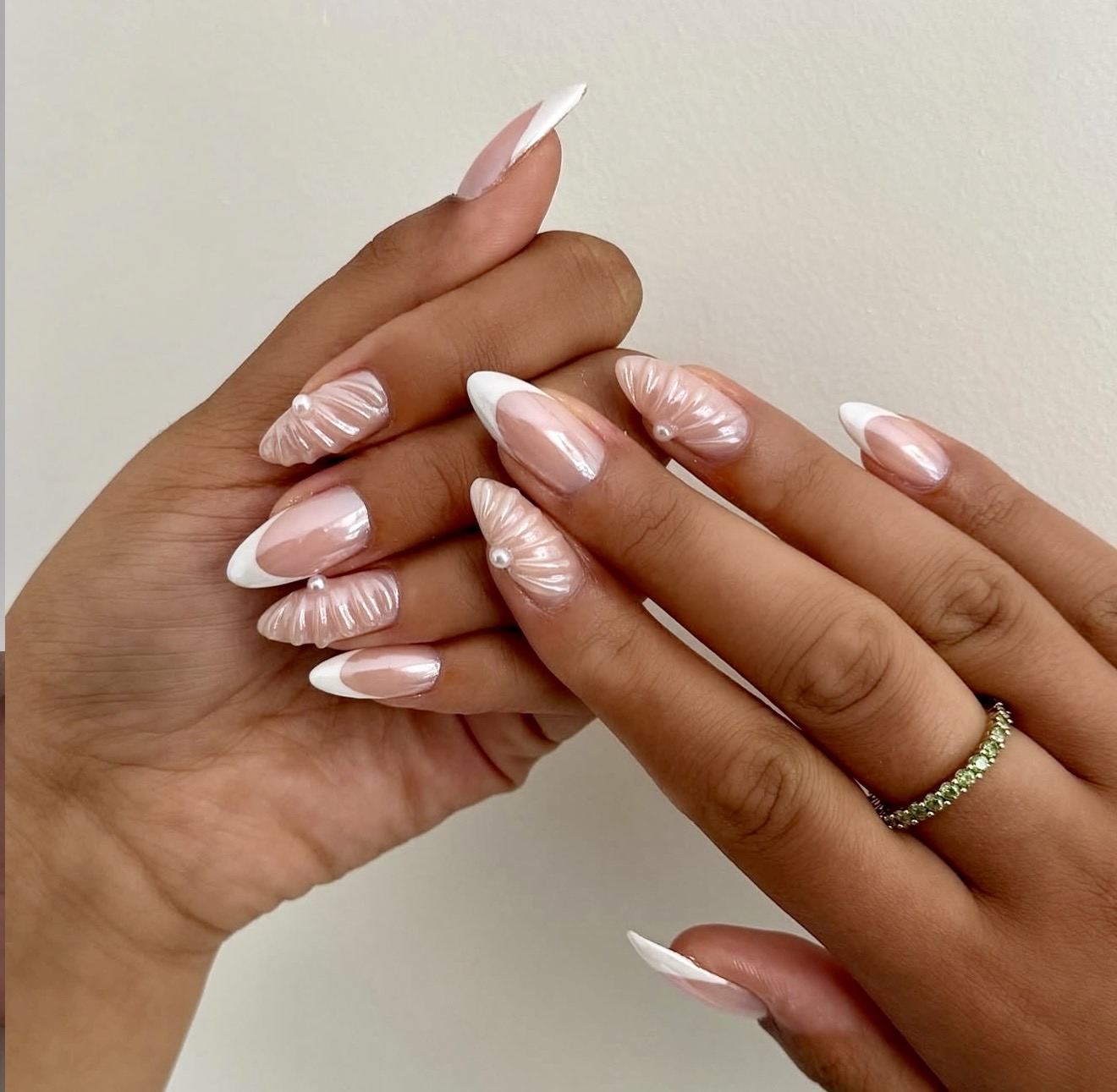 Pearl Seashell 3D French Almond Nails