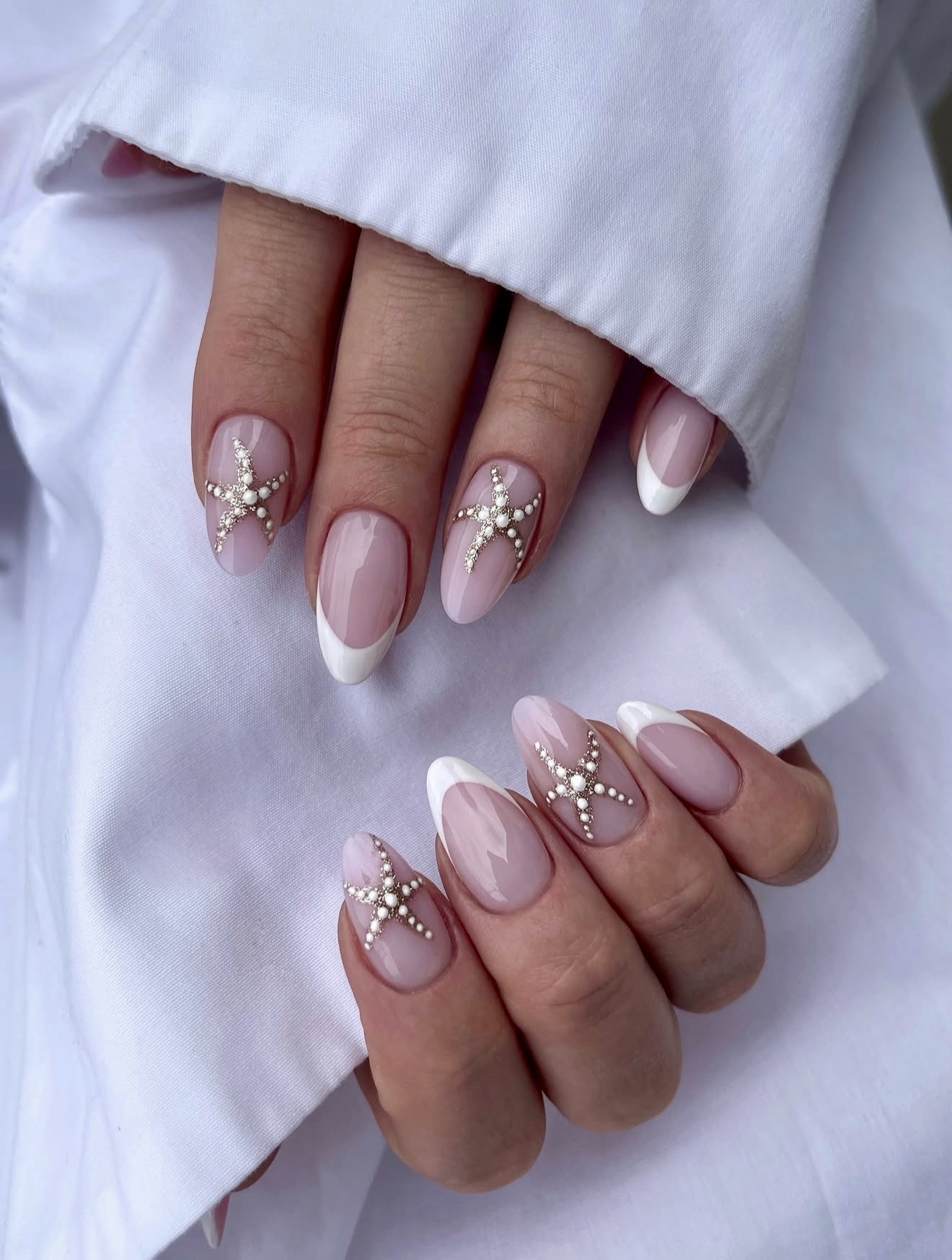 Pearl Starfish French Tip Almond Nails