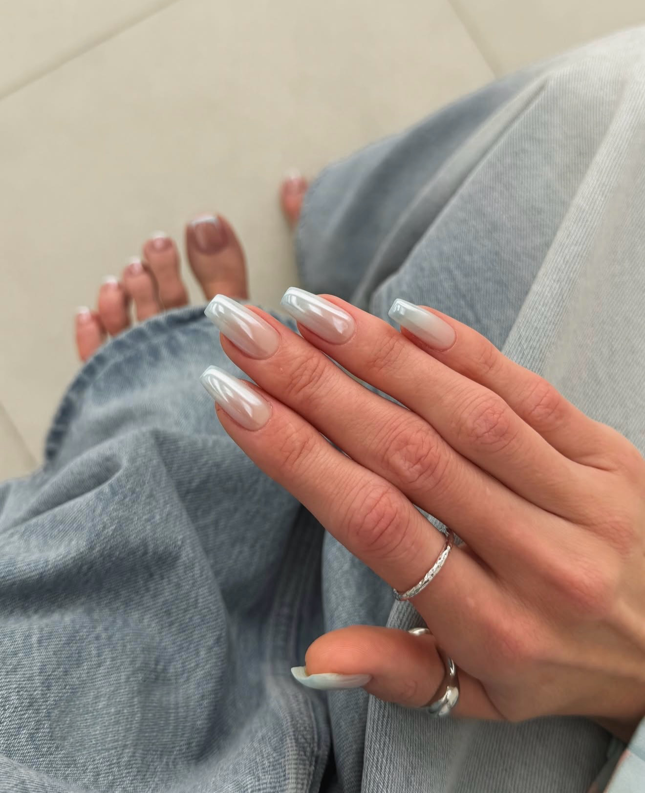Pearl White Chrome Coffin Nails