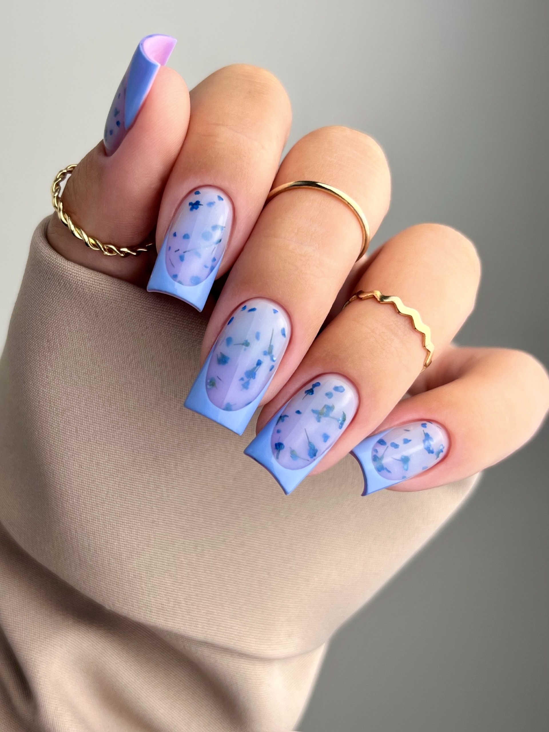 Periwinkle French Tips with Dried Flower Accents