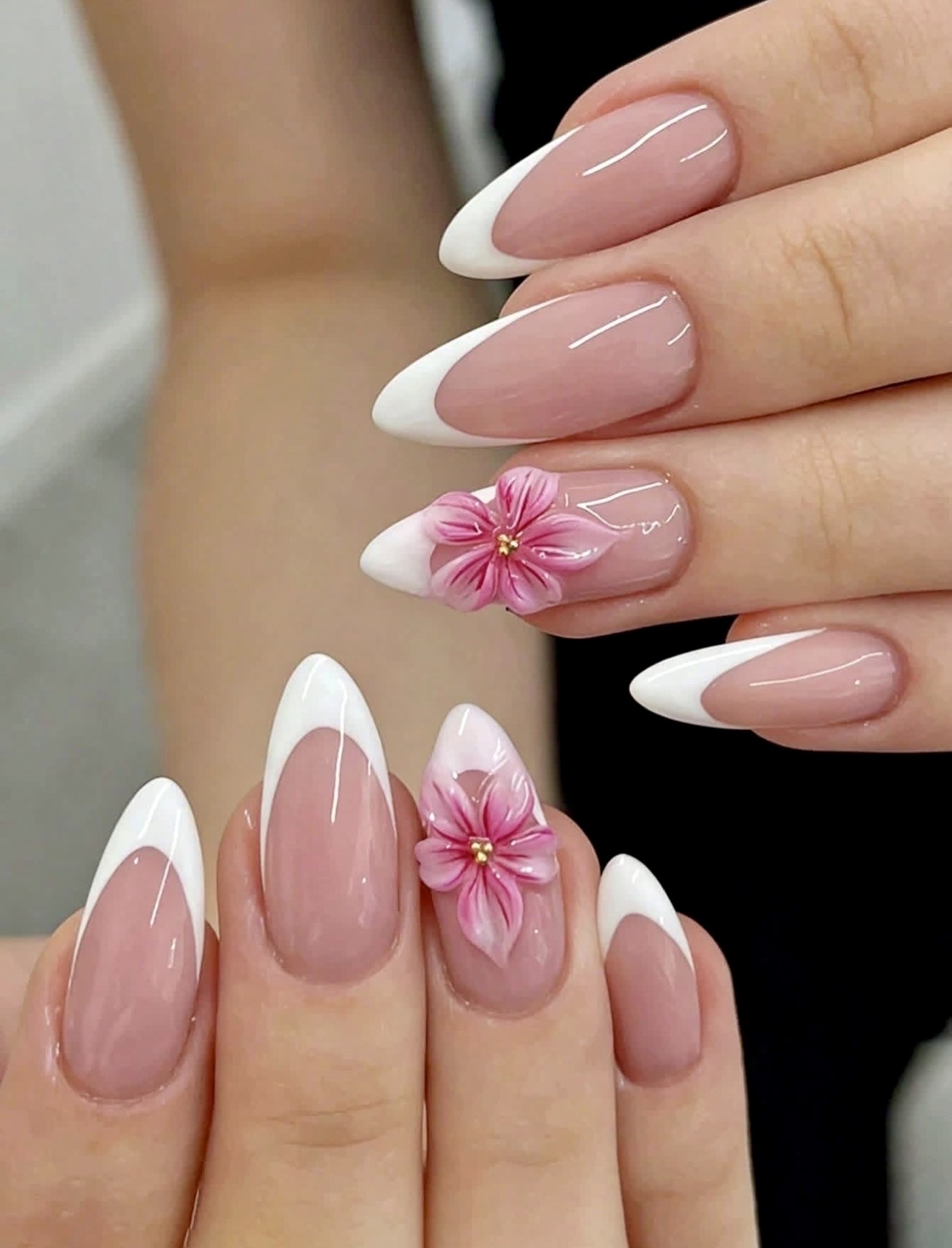 Pink 3D Flower French Almond Nails