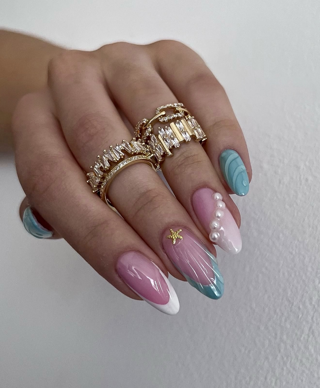 Pink and Teal Swirl French Tips with Pearls