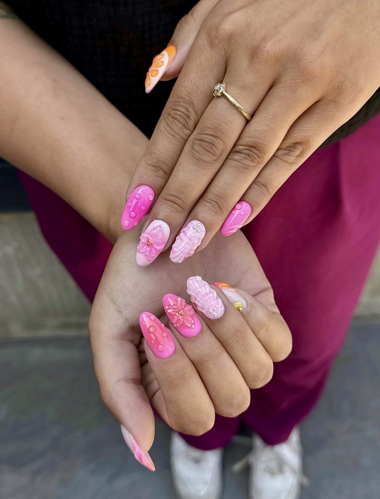 Pink and White 3D Sculpted Flower Nails
