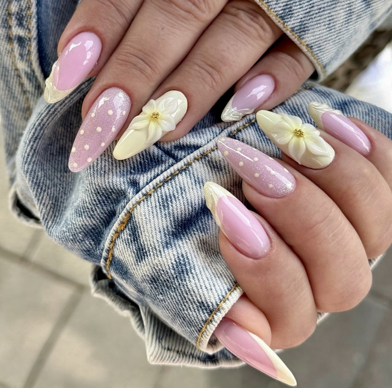 Pink and Yellow 3D Flower French Nails