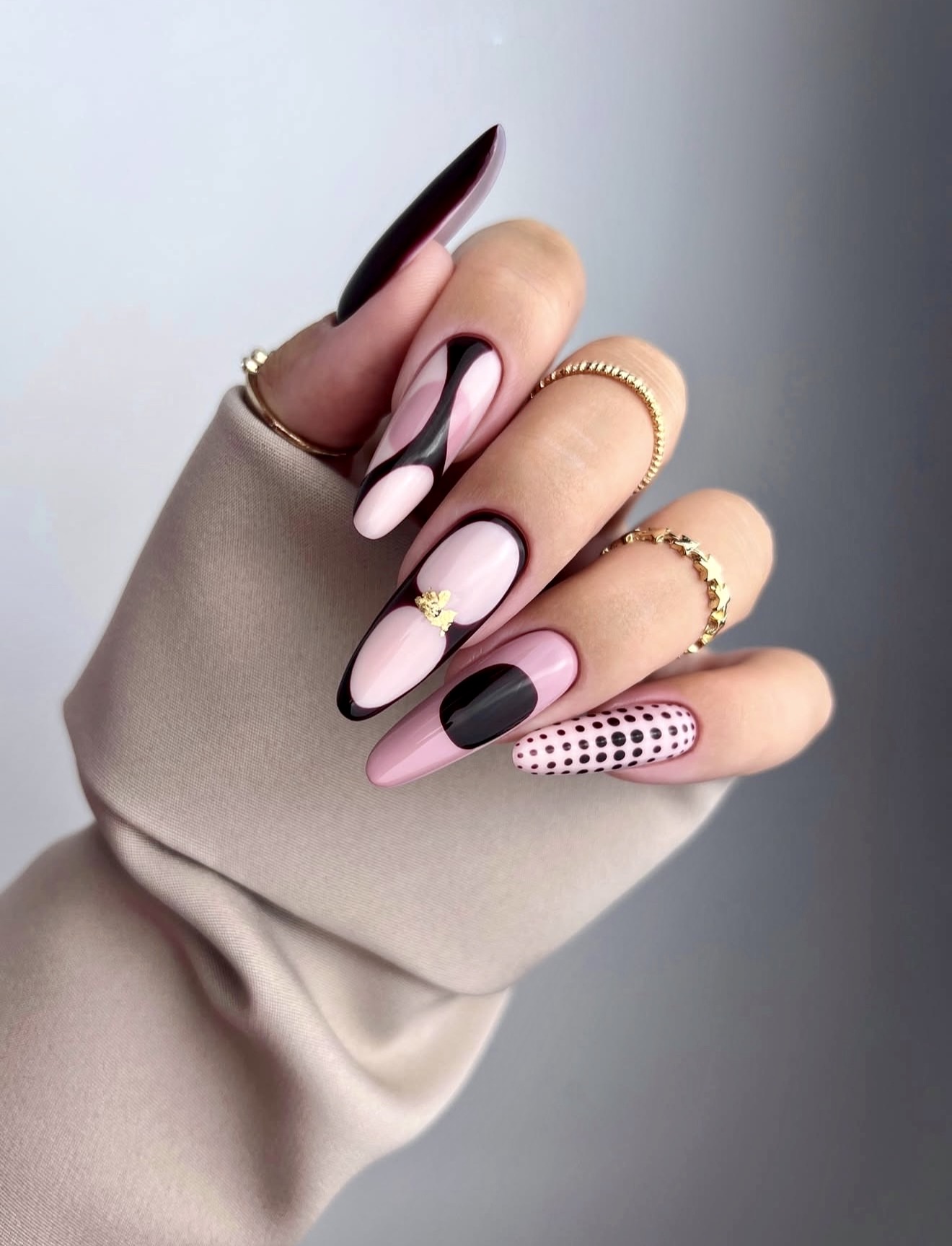 Pink Black Abstract Swirls and Polka Dots