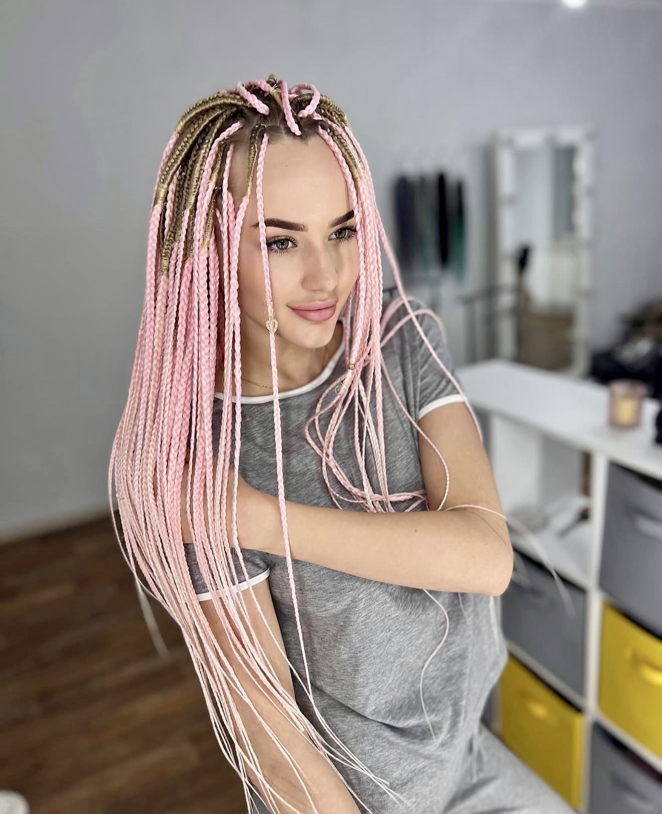 Pink & Blonde Box Braids With Gold Charms