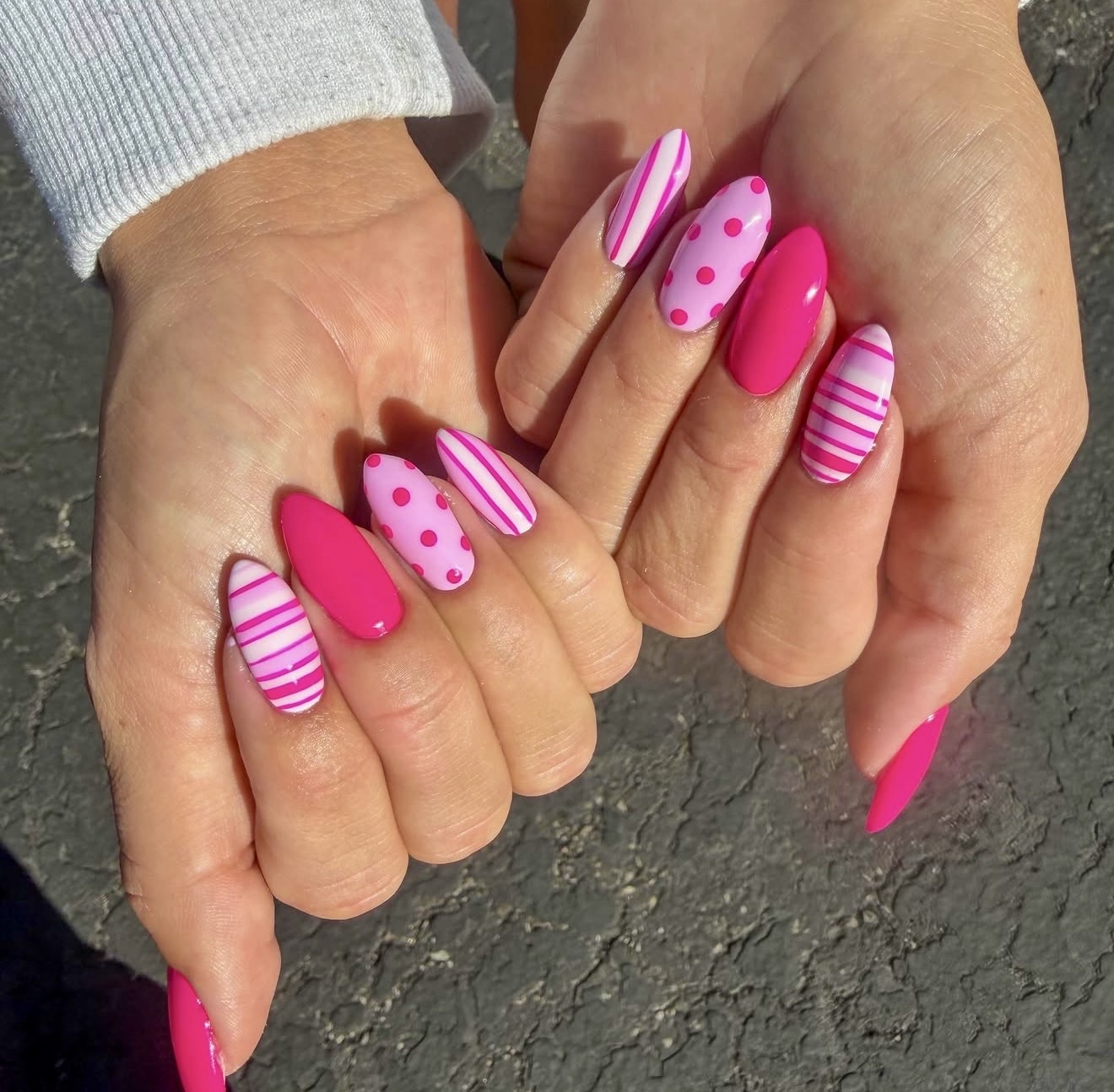 Pink Candy Stripe and Dot Almond Nails