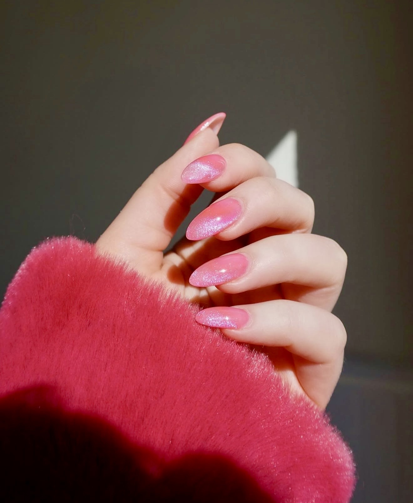 Pink Cat Eye Almond Nails with Sparkle