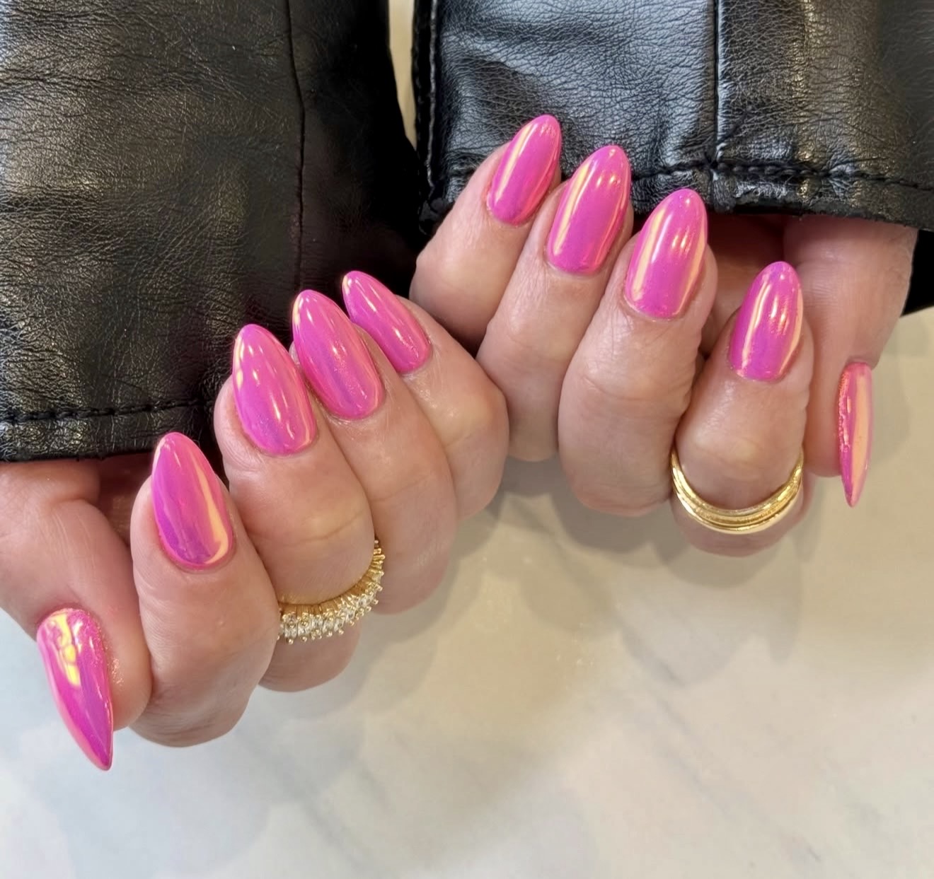 Pink Chrome Almond Nails with Golden Hour Glow