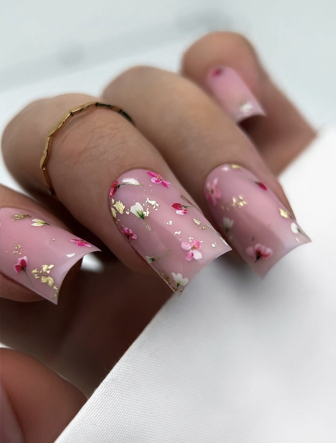 Pink Floral Encapsulated Square Nails with Gold Foil