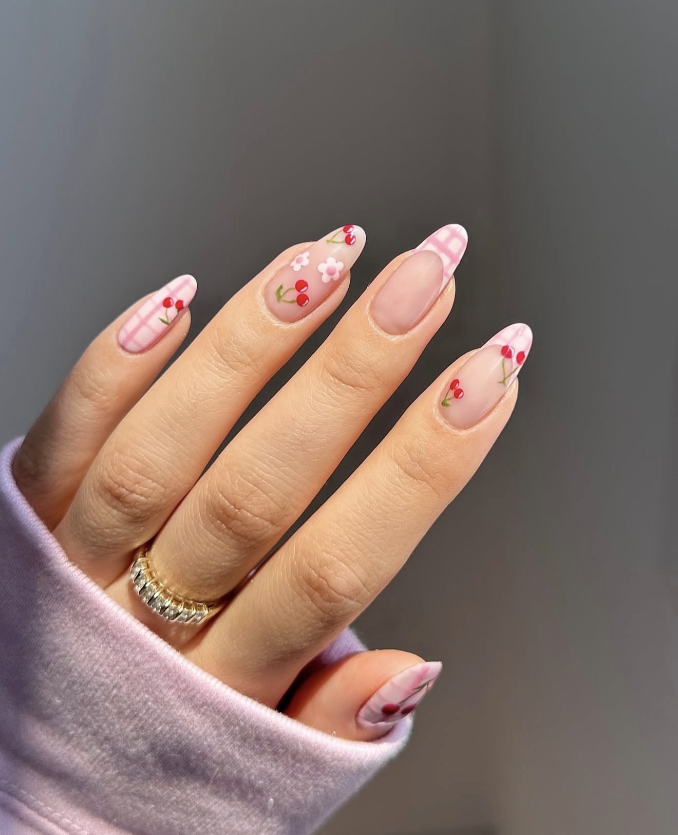 Pink Gingham Cherry French Almond Nails
