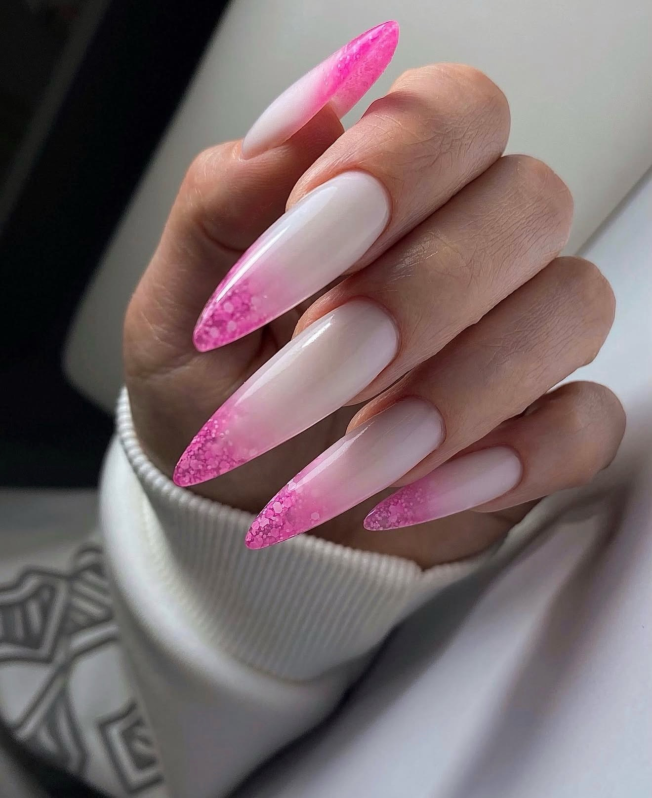 Pink Glitter Ombre Stiletto Nails