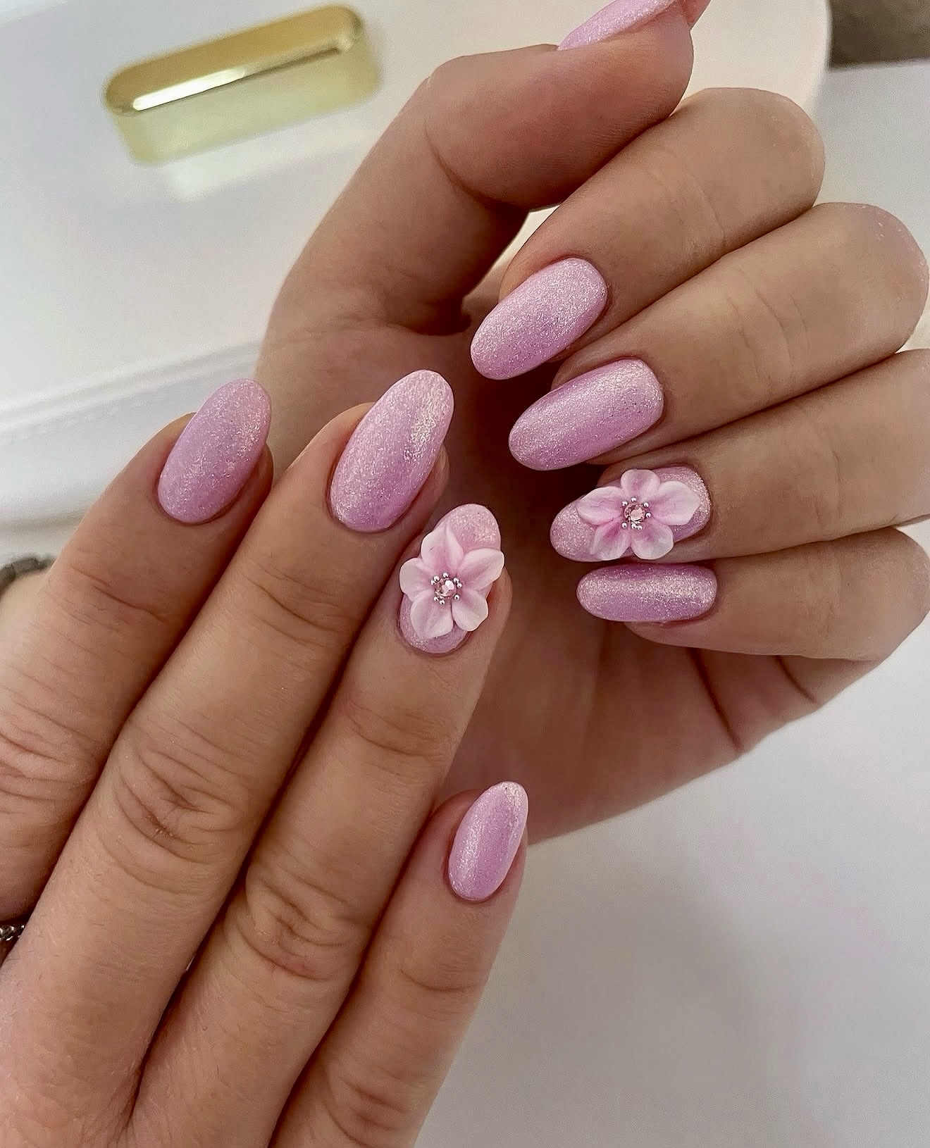 Pink Glitter Oval Nails With 3D Flower Accents