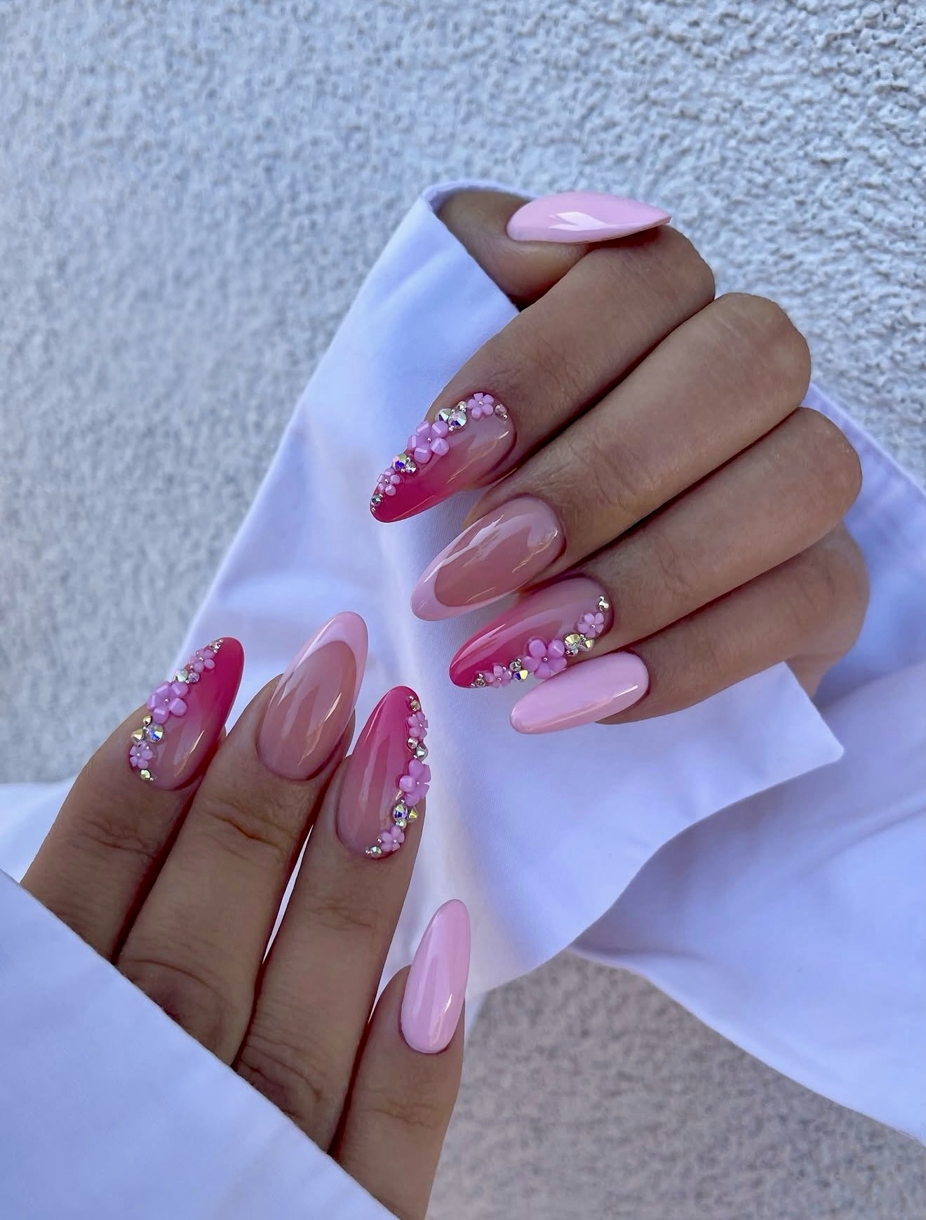 Pink Ombre Almond Nails with 3D Flower Charms
