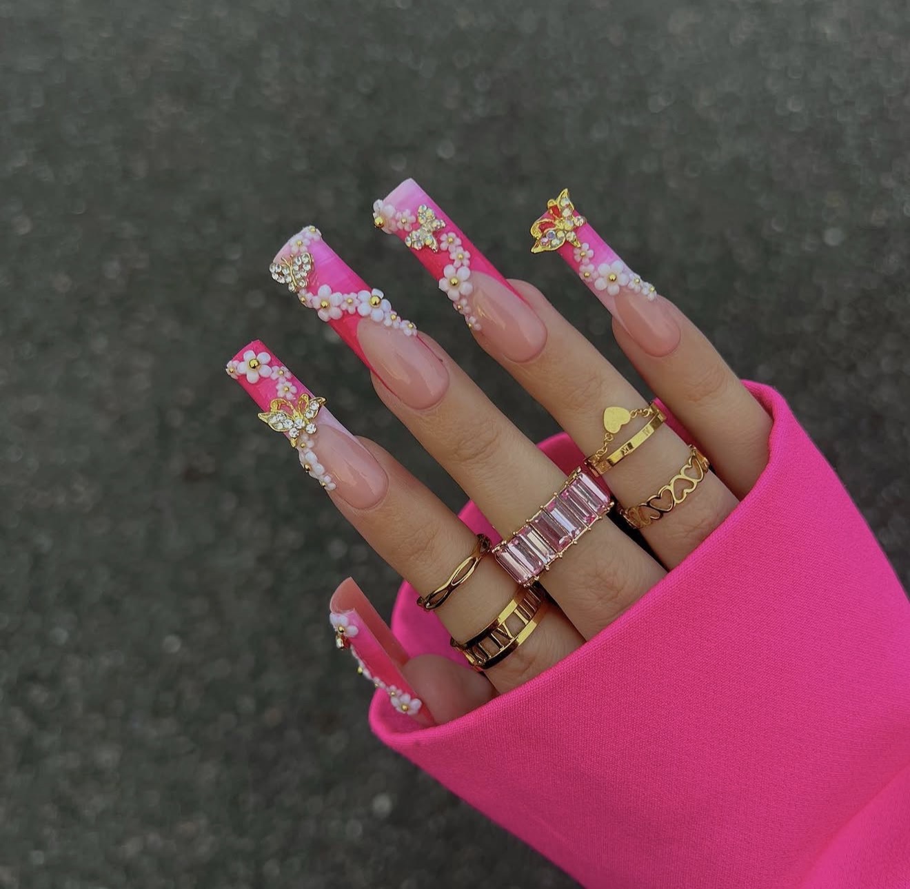 Pink Ombre Butterfly 3D Flower French Tips