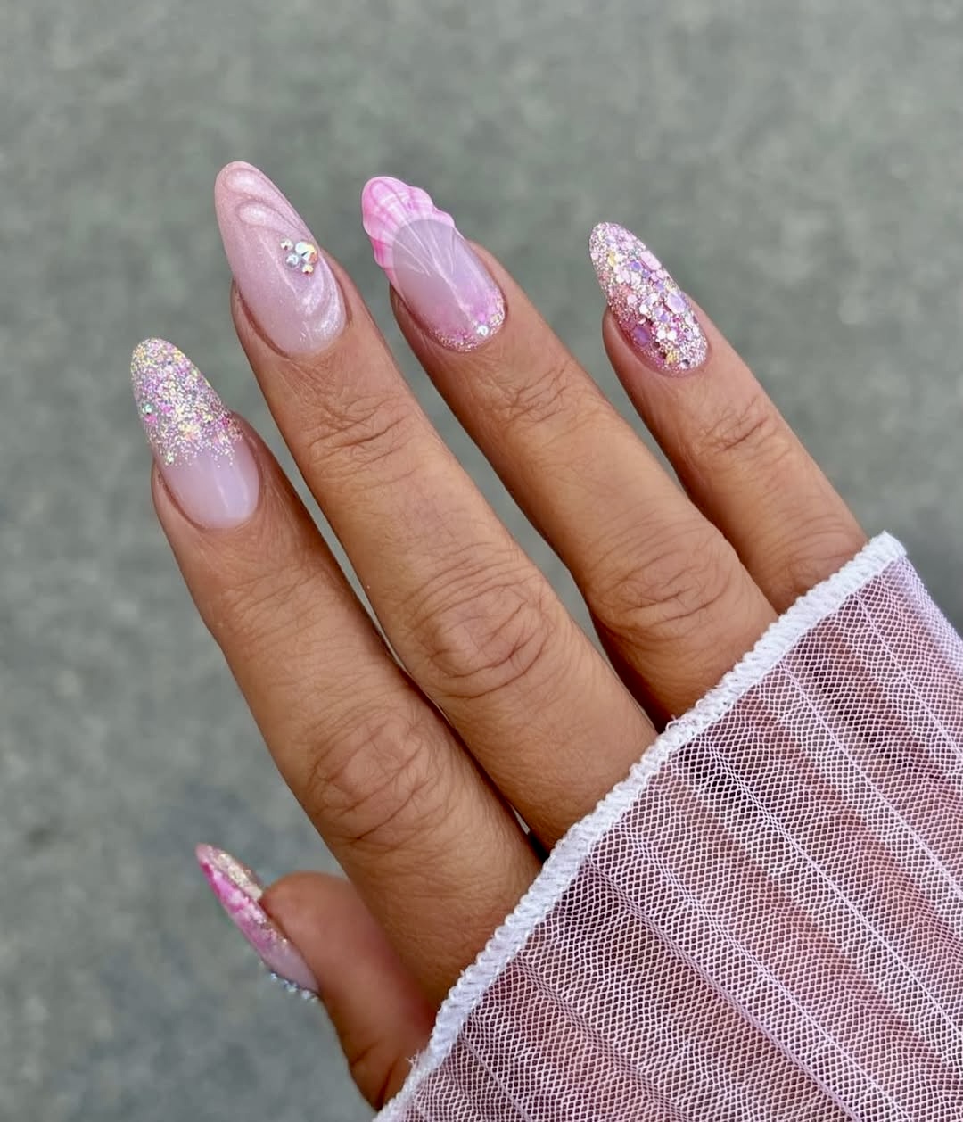 Pink Plaid Shell French Tip Glitter Nails