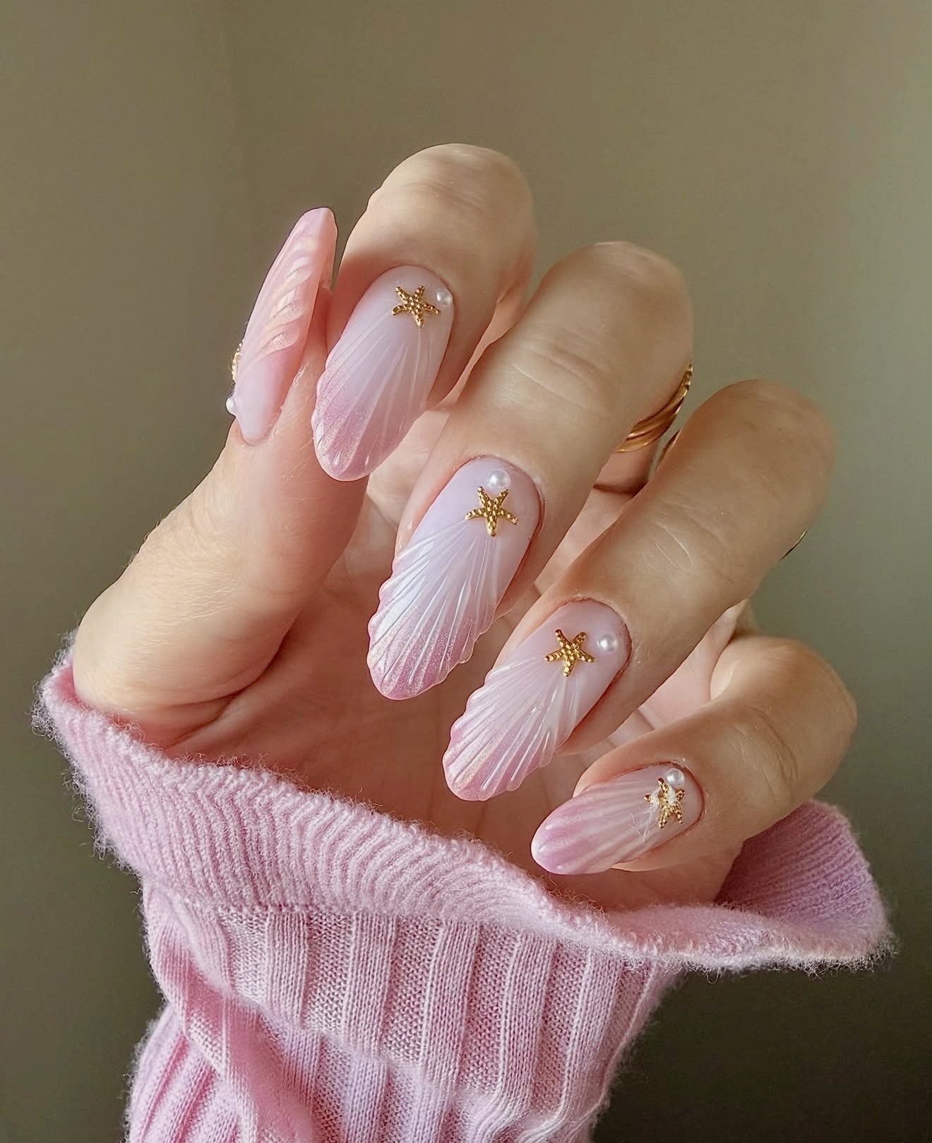 Pink Seashell Ombre Almond Nails