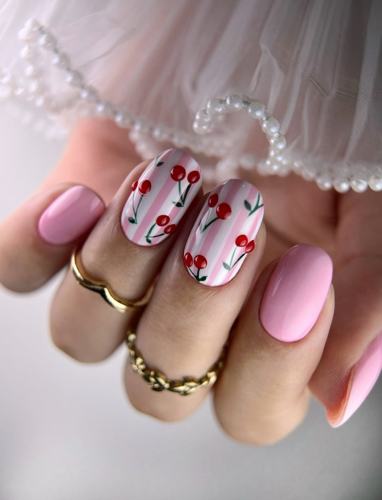 Pink Stripe Cherry Blossom Nail Art