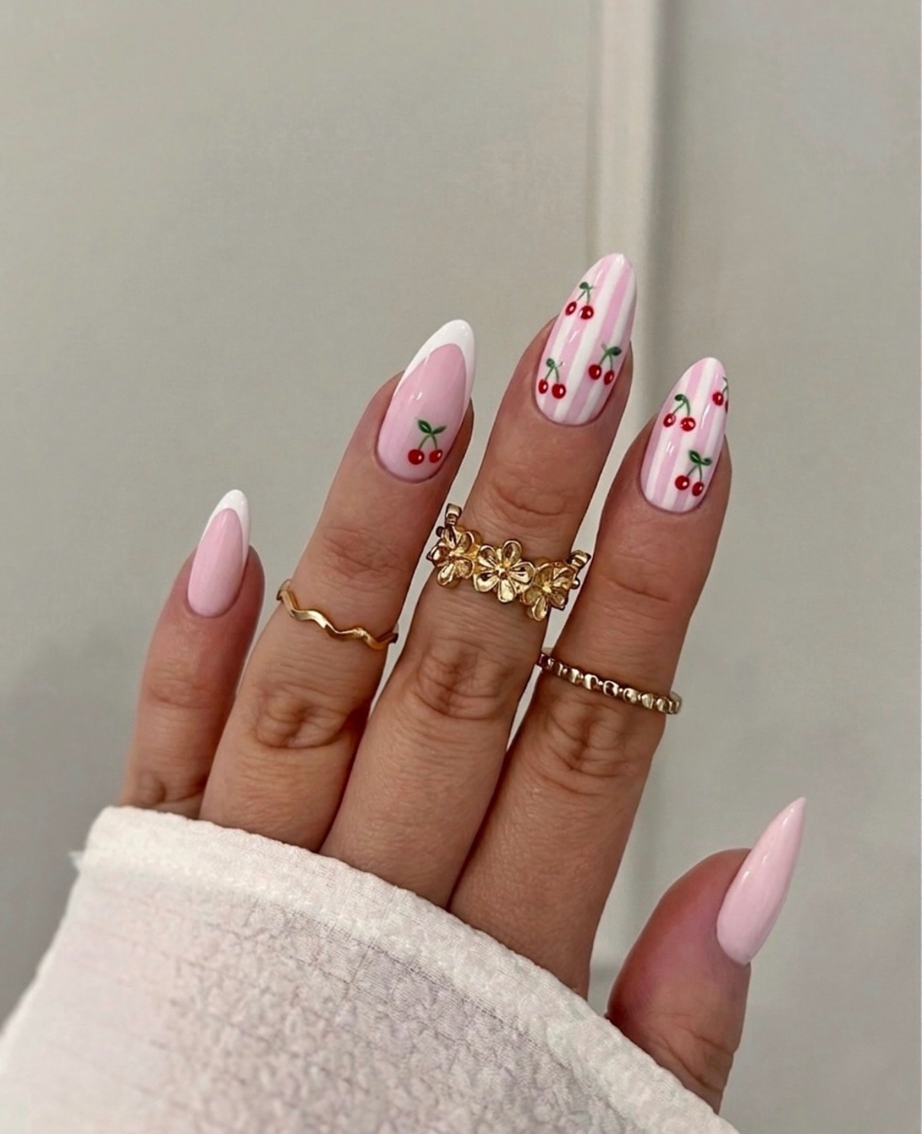 Pink Stripe Cherry French Almond Nails