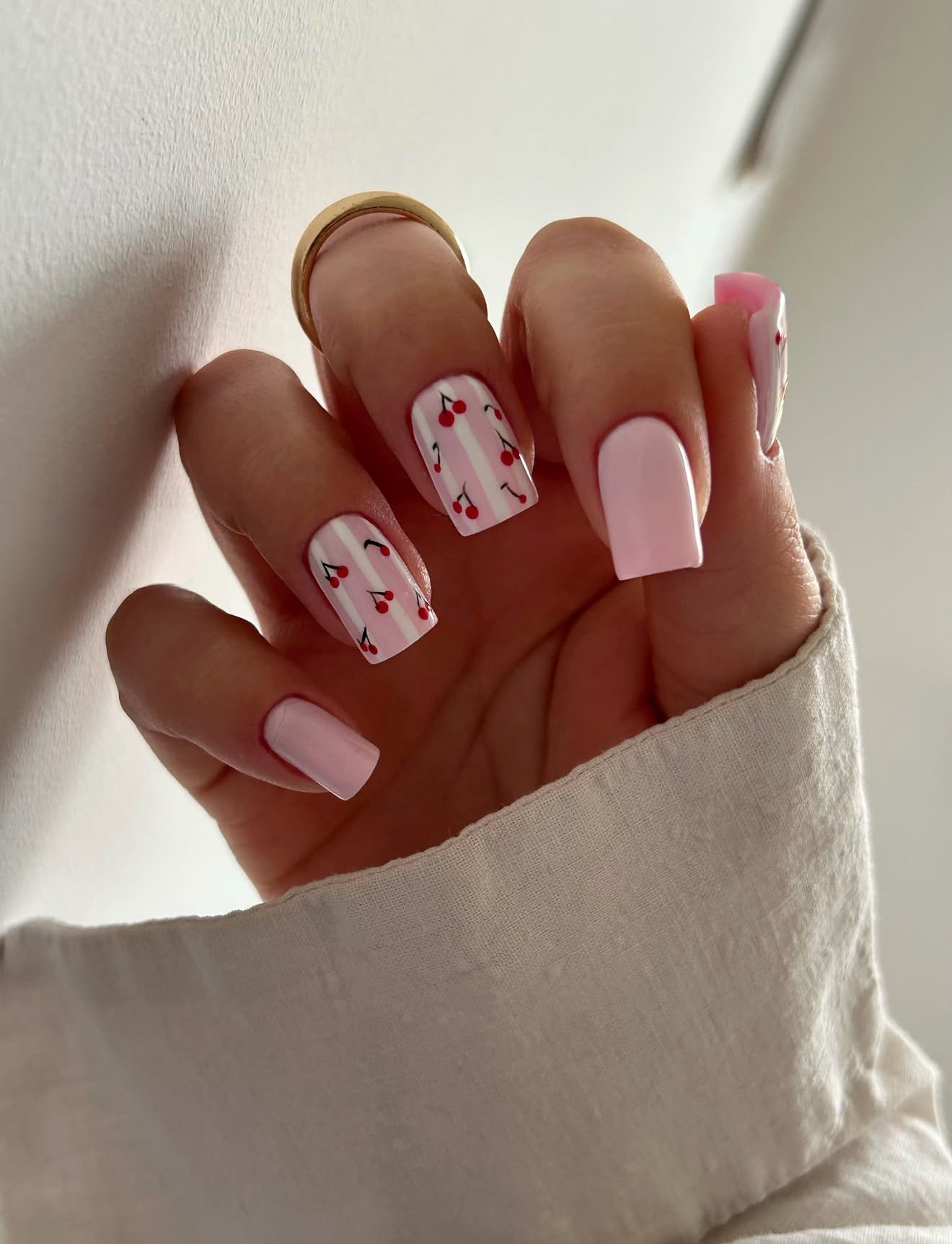 Pink Striped Cherry Nail Art Design