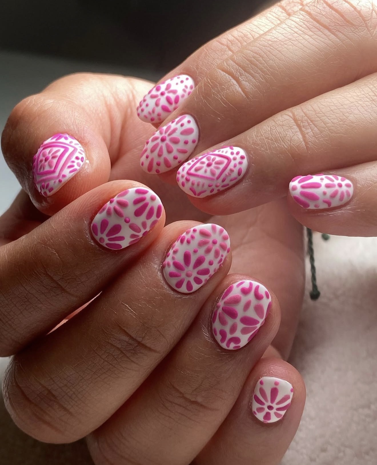 Pink & White Folk Art Abstract Floral Nails