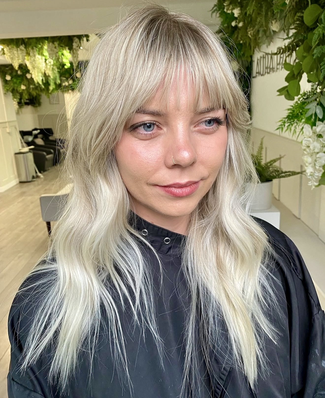 Platinum Blonde Wolf Cut With Wispy Bangs