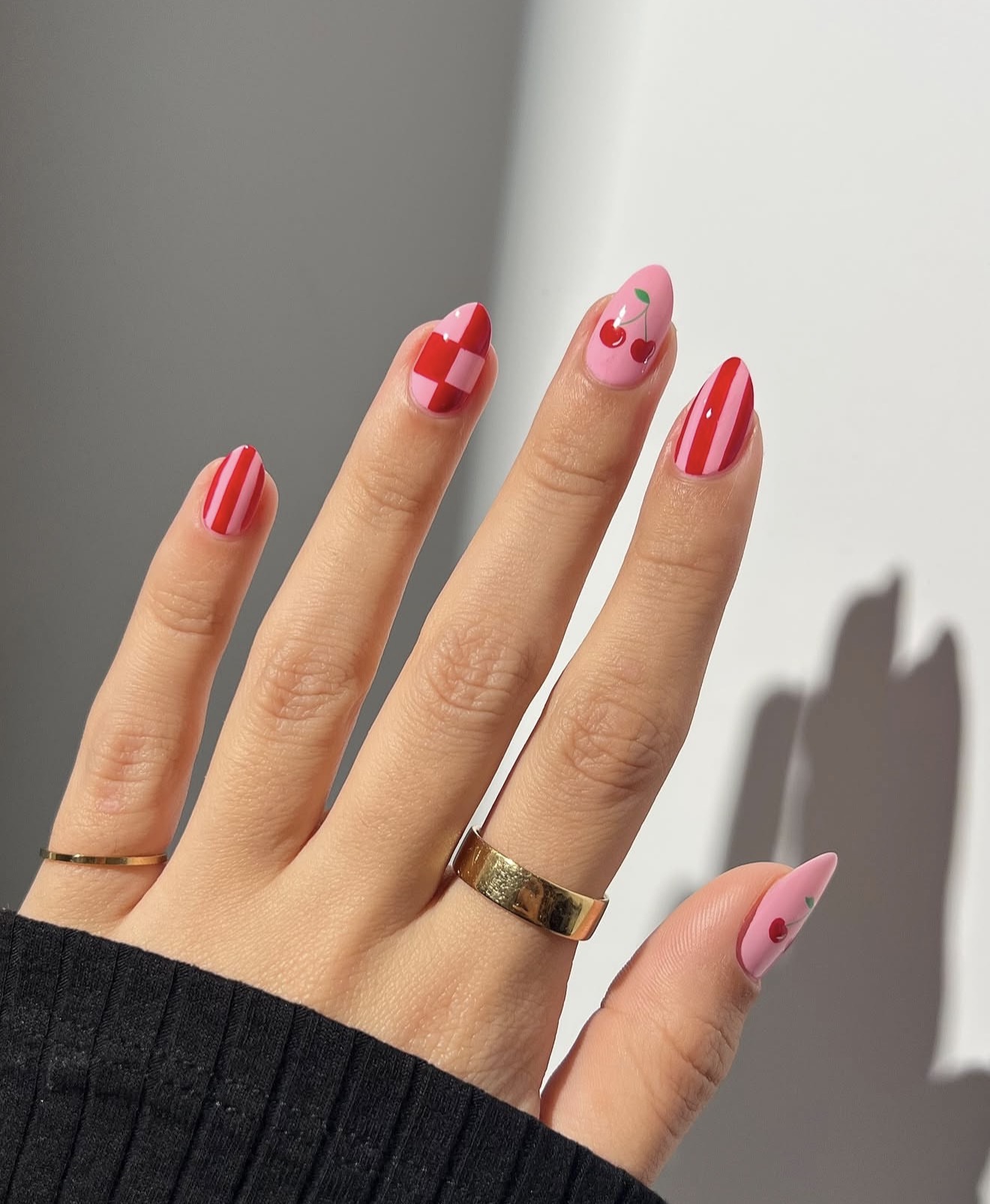Playful Cherry and Stripe Almond Nails