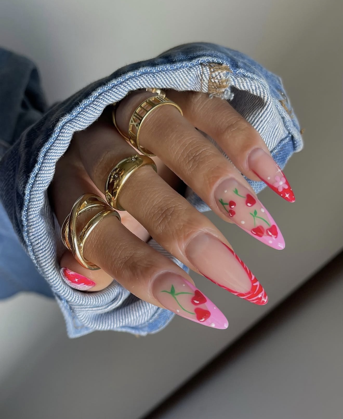 Playful Cherry French Tip Almond Nails