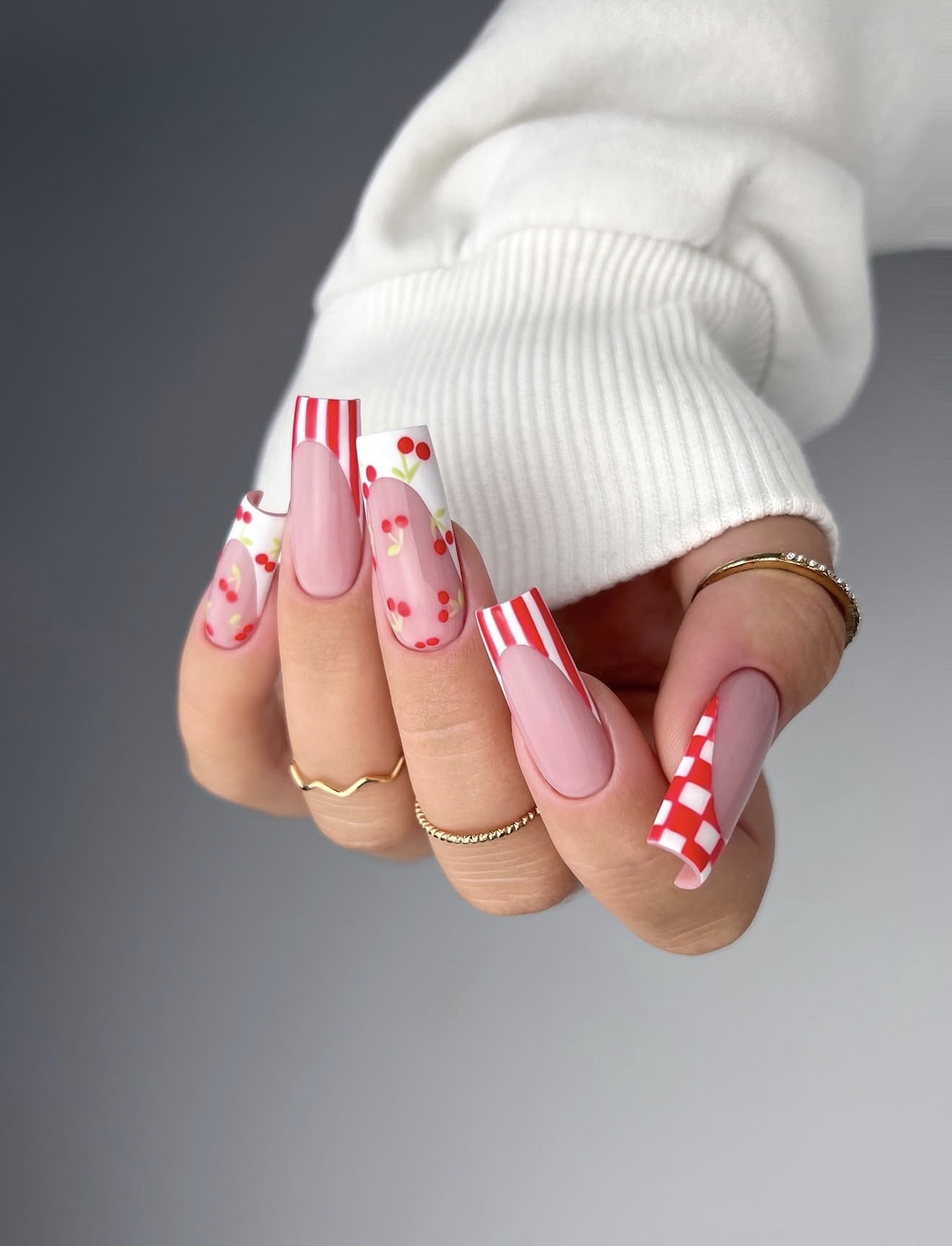Playful Cherry French Tip Coffin Nails