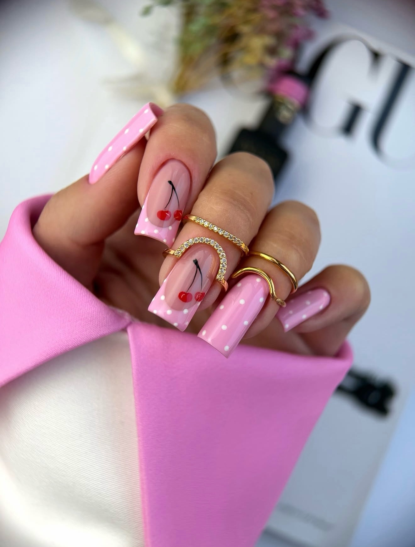 Playful Cherry French Tip Square Nails