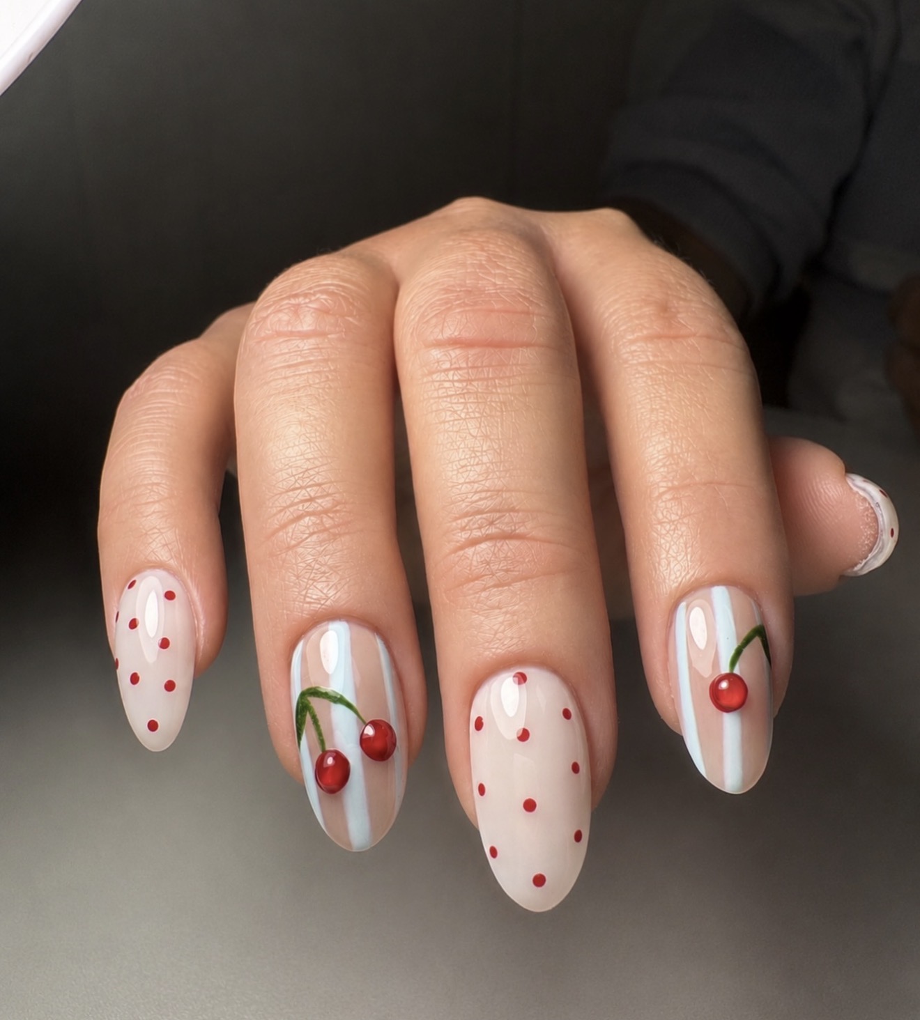 Playful Cherry Polka Dot Oval Nails