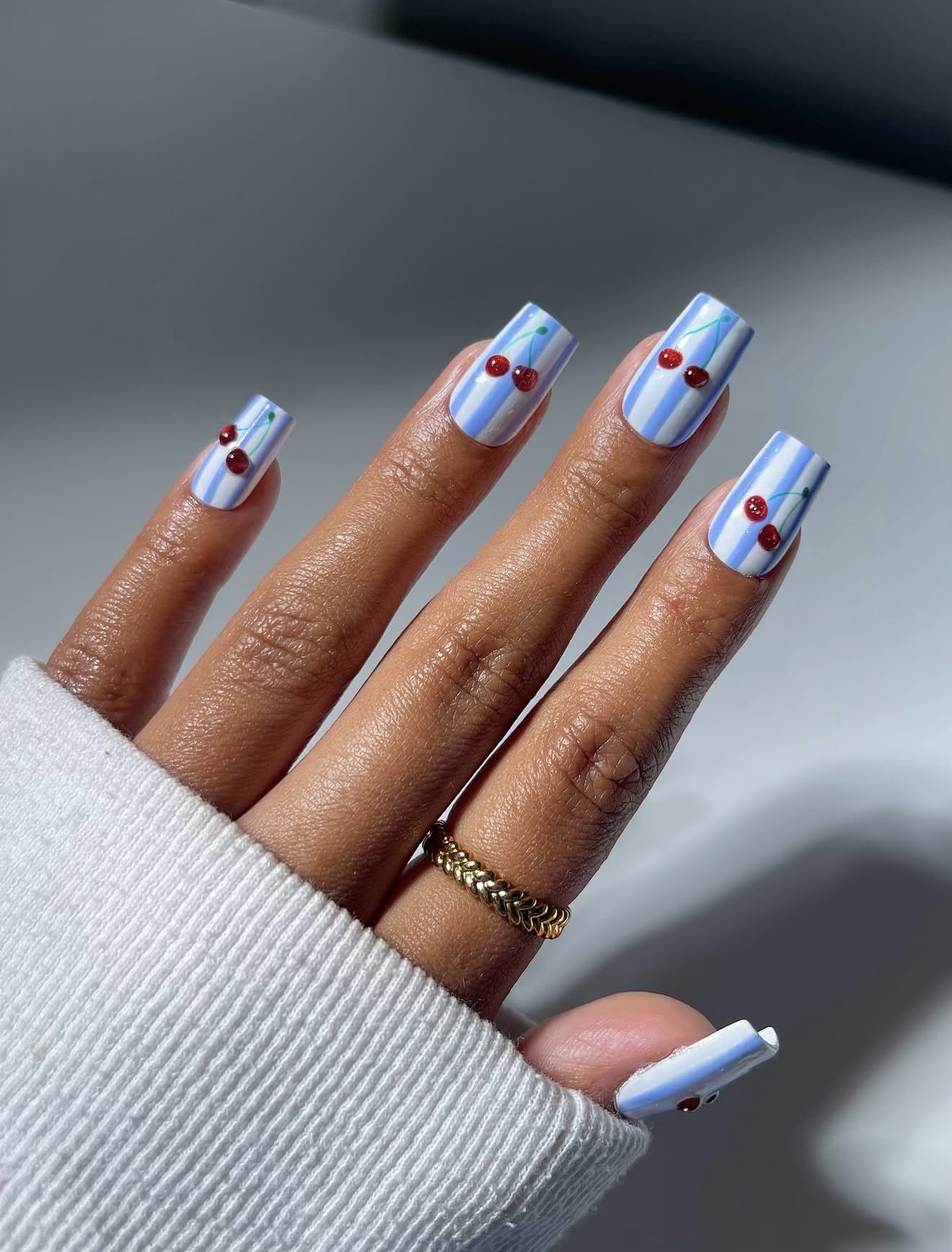 Playful Cherry Stripe Square Nails