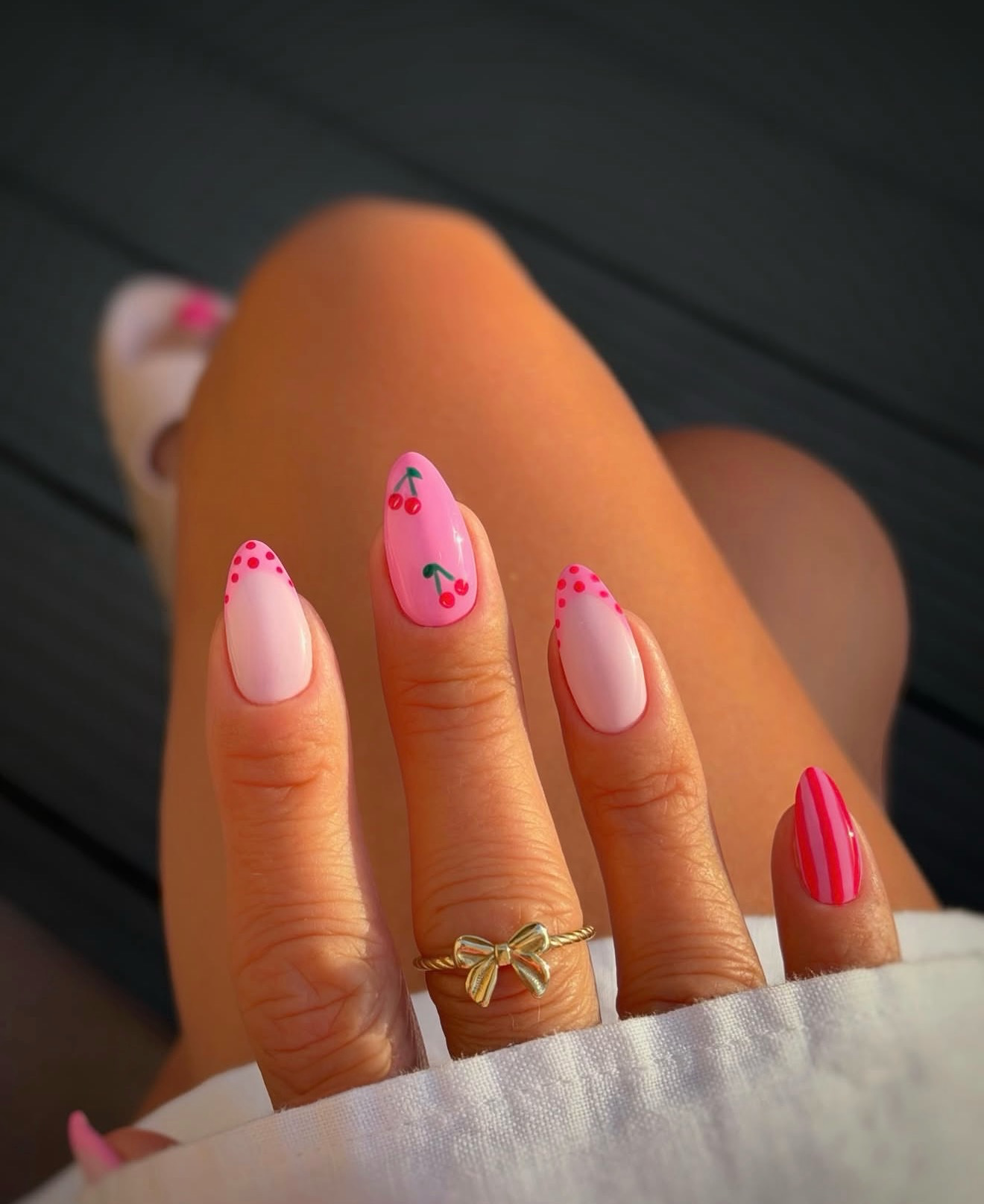 Playful Pink Cherry Almond French Tip Nails